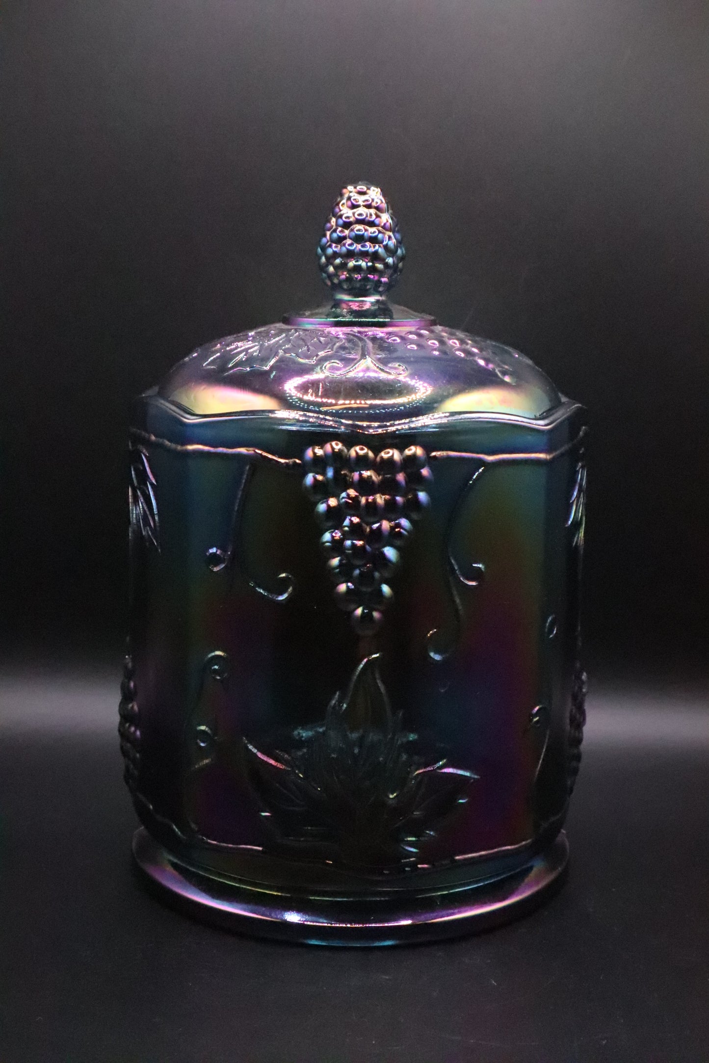 VINTAGE INDIANA IRIDESCENT BLUE CARNIVAL GLASS CANISTER WITH LID