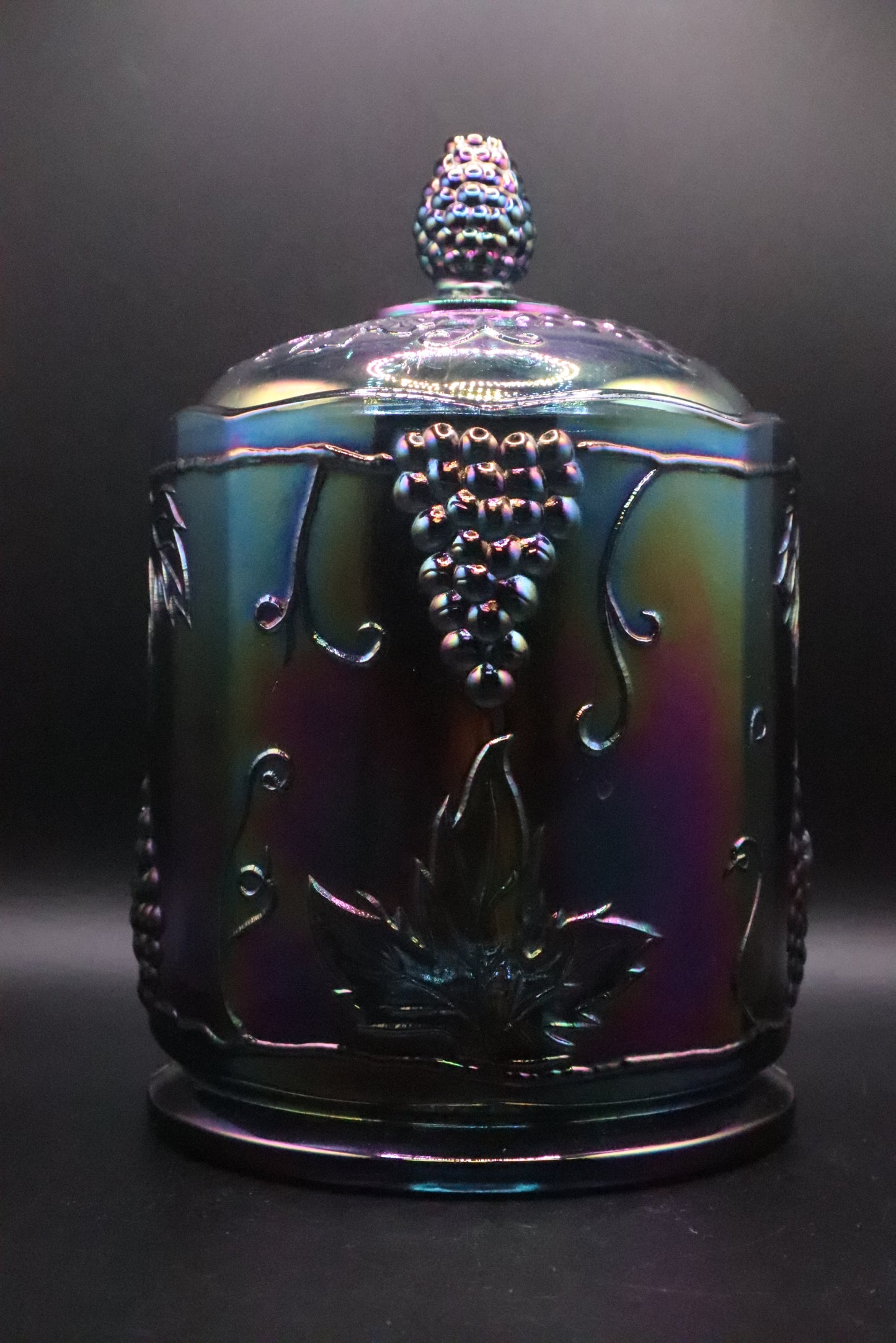 VINTAGE INDIANA IRIDESCENT BLUE CARNIVAL GLASS CANISTER WITH LID