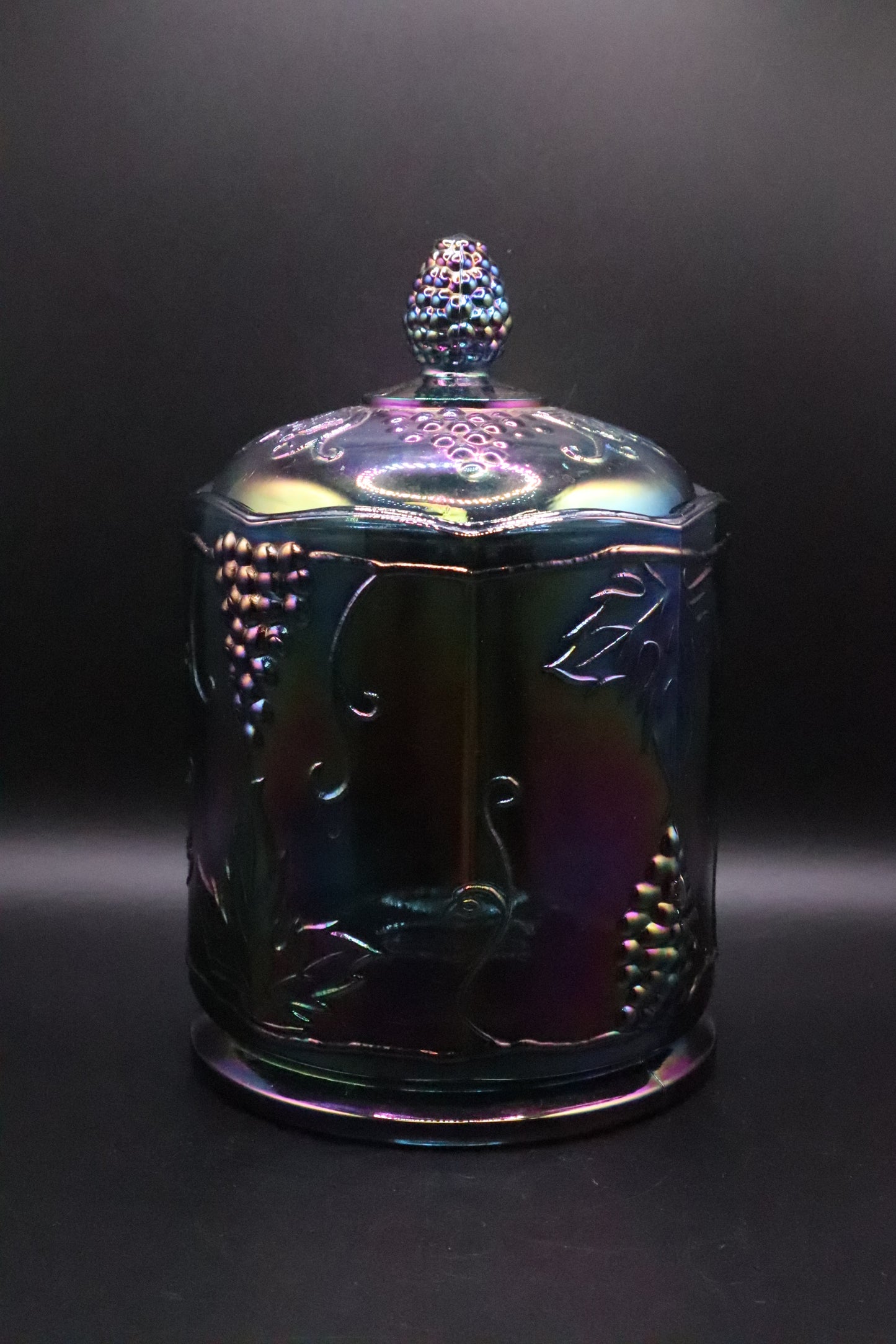 VINTAGE INDIANA IRIDESCENT BLUE CARNIVAL GLASS CANISTER WITH LID