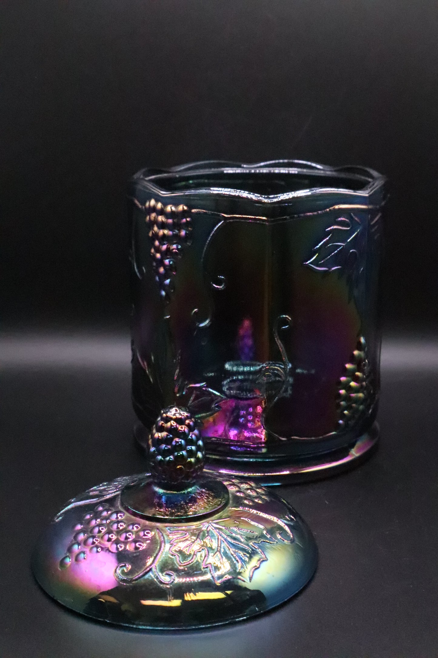 VINTAGE INDIANA IRIDESCENT BLUE CARNIVAL GLASS CANISTER WITH LID