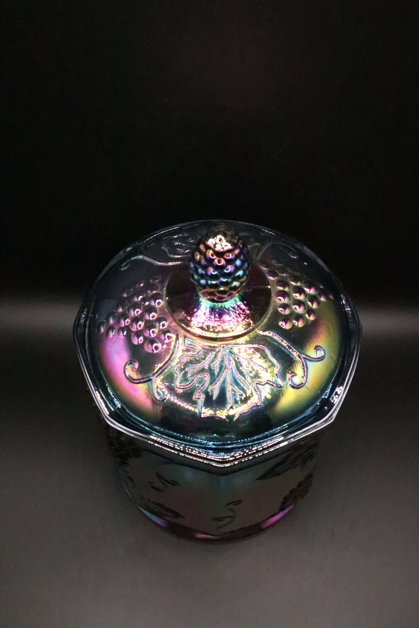 VINTAGE INDIANA IRIDESCENT BLUE CARNIVAL GLASS CANISTER WITH LID