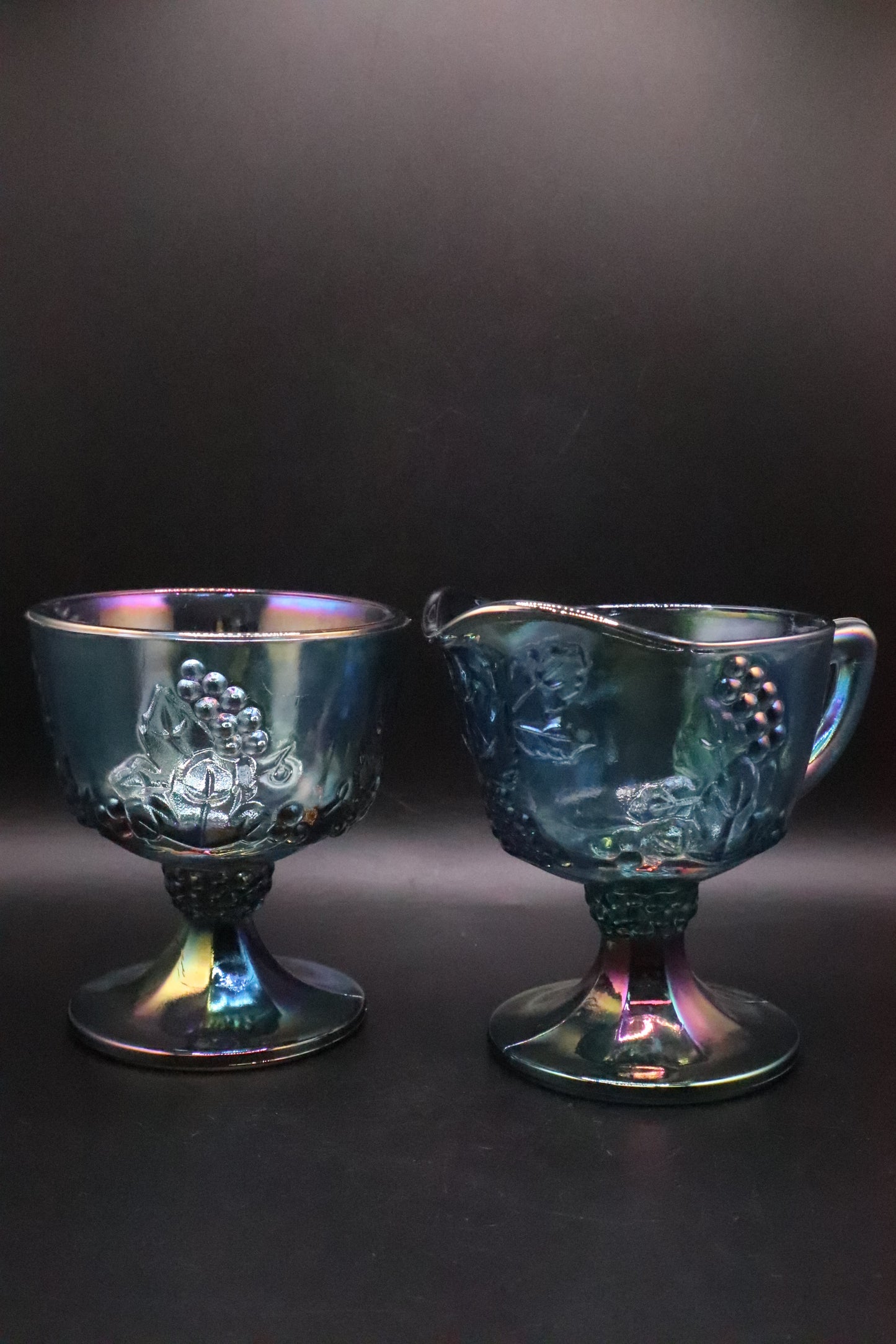 VINTAGE INDIANA IRIDESCENT BLUE CARNIVAL GLASS CREAM AND SUGAR SET