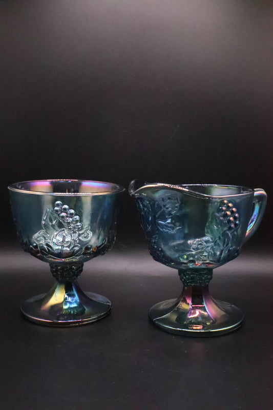 VINTAGE INDIANA IRIDESCENT BLUE CARNIVAL GLASS CREAM AND SUGAR SET