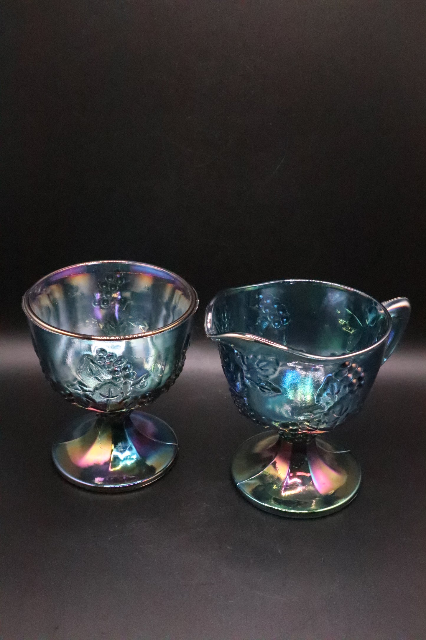VINTAGE INDIANA IRIDESCENT BLUE CARNIVAL GLASS CREAM AND SUGAR SET