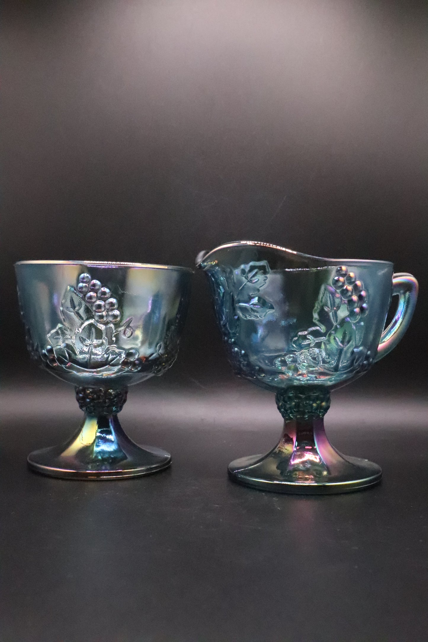 VINTAGE INDIANA IRIDESCENT BLUE CARNIVAL GLASS CREAM AND SUGAR SET
