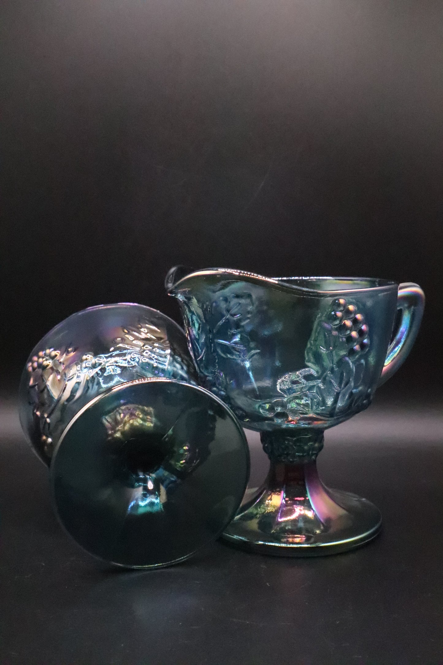 VINTAGE INDIANA IRIDESCENT BLUE CARNIVAL GLASS CREAM AND SUGAR SET