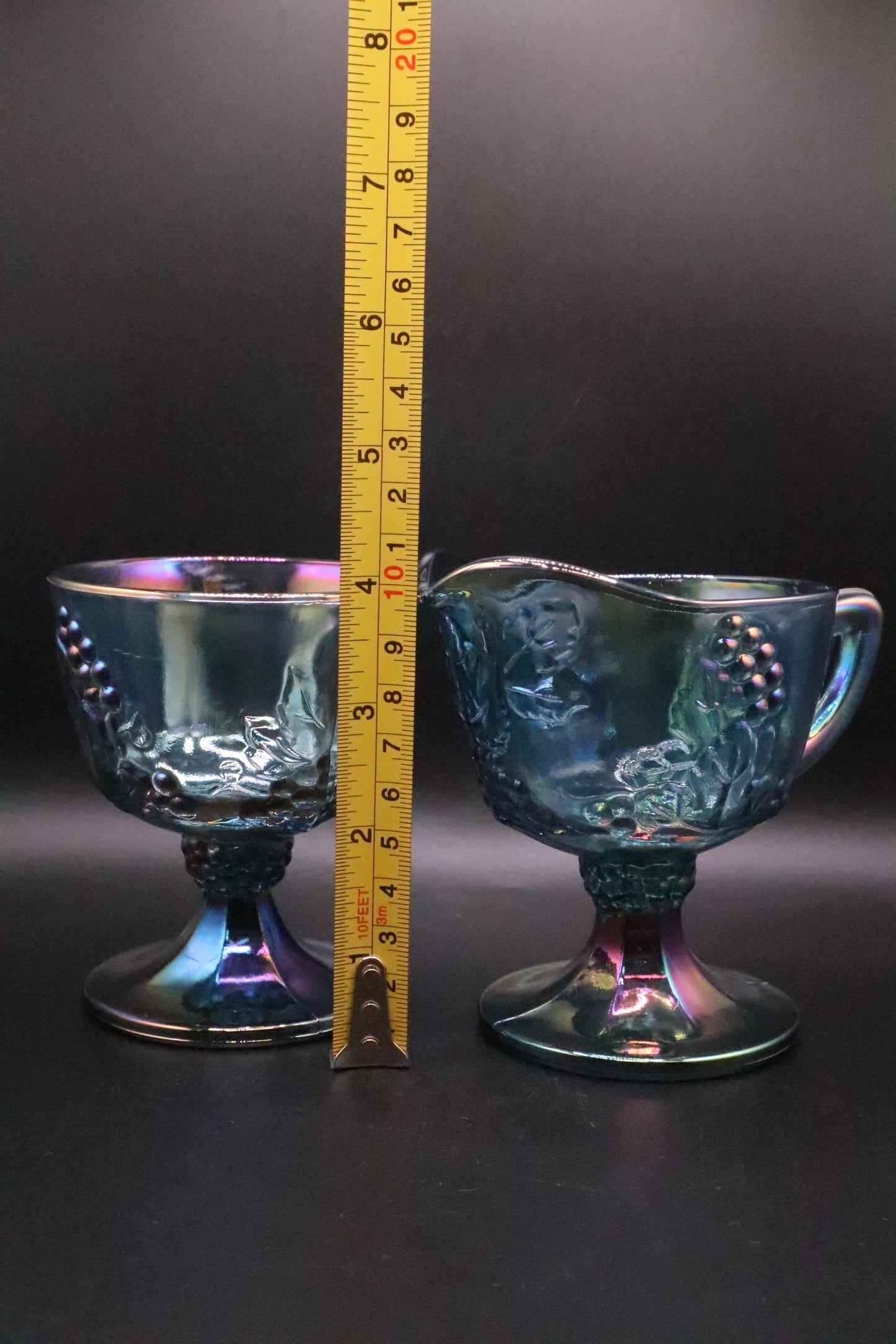 VINTAGE INDIANA IRIDESCENT BLUE CARNIVAL GLASS CREAM AND SUGAR SET