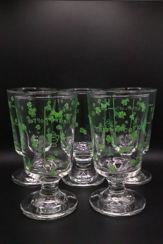 VINTAGE SHAMROCK AND RECIPE IRISH COFFEE FOOTED GLASSES SET OF 5