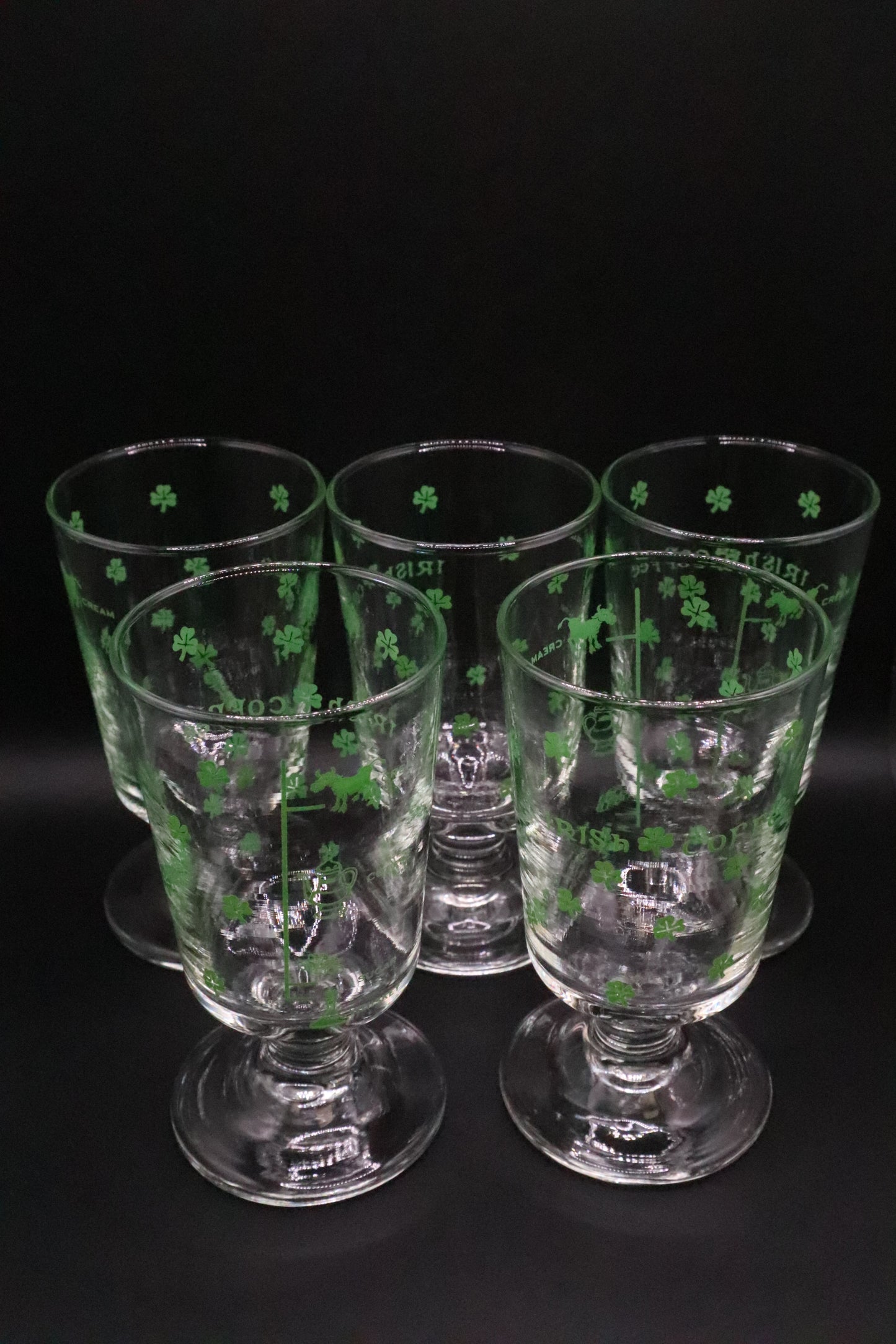 VINTAGE SHAMROCK AND RECIPE IRISH COFFEE FOOTED GLASSES SET OF 5