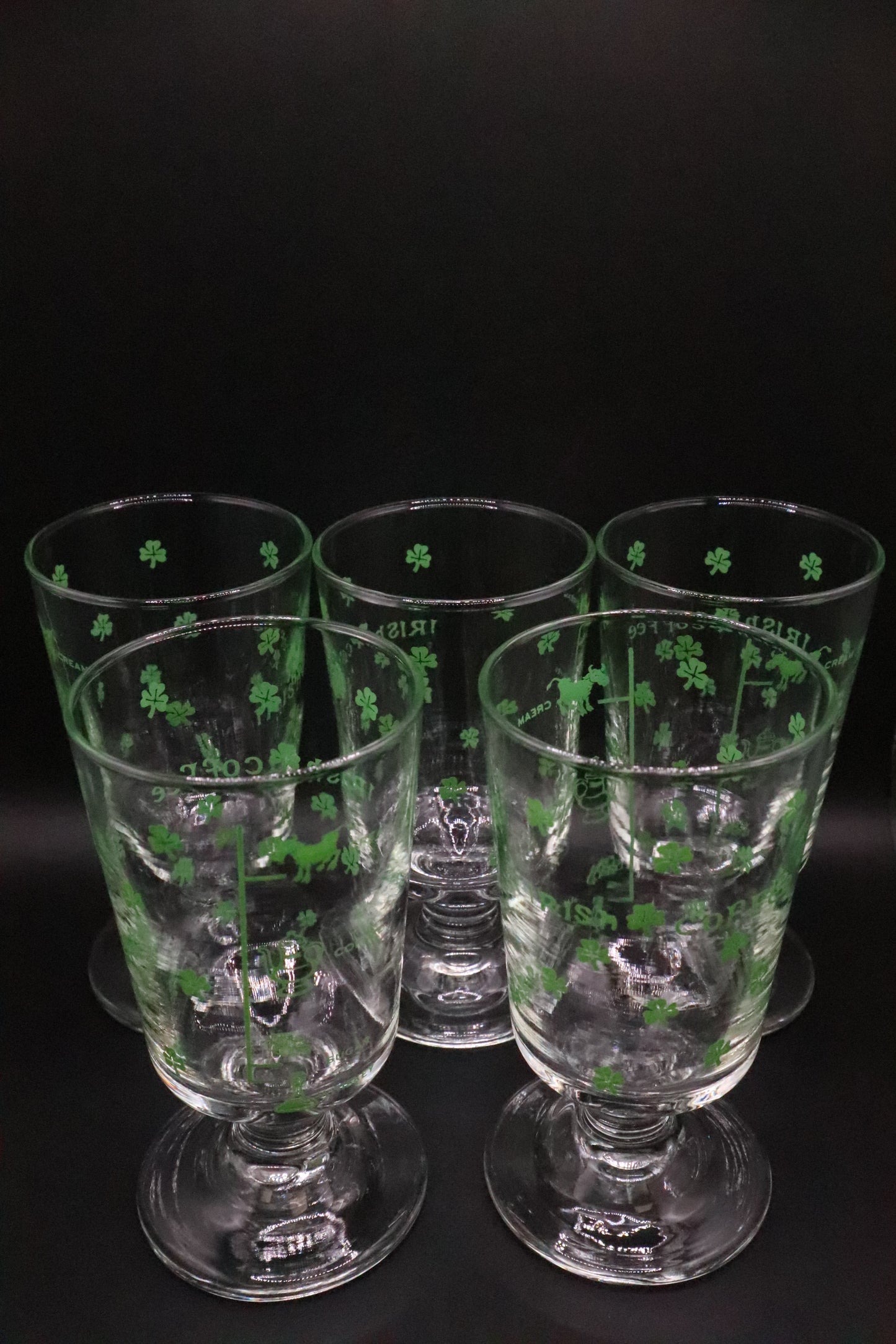 VINTAGE SHAMROCK AND RECIPE IRISH COFFEE FOOTED GLASSES SET OF 5