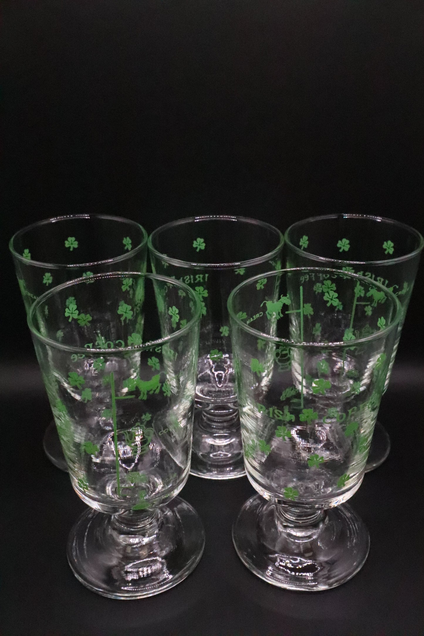 VINTAGE SHAMROCK AND RECIPE IRISH COFFEE FOOTED GLASSES SET OF 5