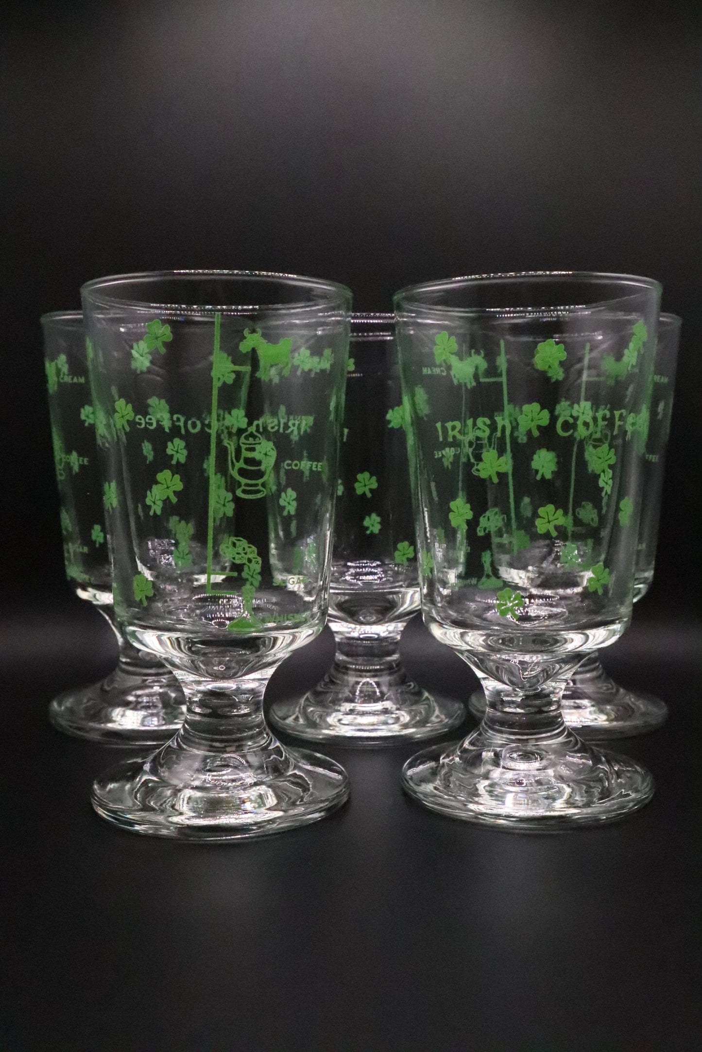 VINTAGE SHAMROCK AND RECIPE IRISH COFFEE FOOTED GLASSES SET OF 5