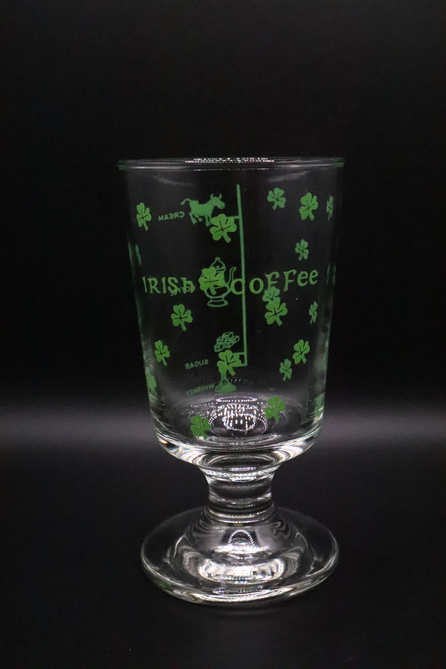 VINTAGE SHAMROCK AND RECIPE IRISH COFFEE FOOTED GLASSES SET OF 5