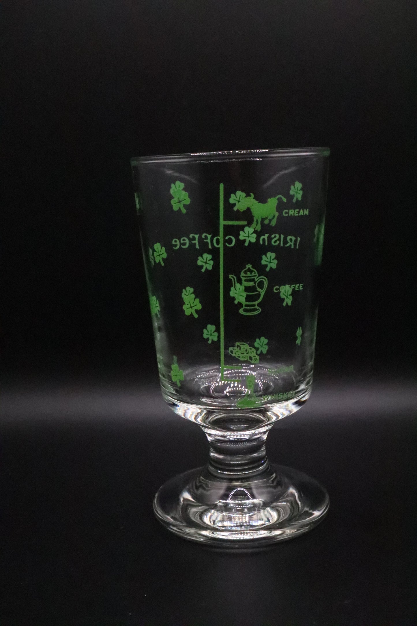 VINTAGE SHAMROCK AND RECIPE IRISH COFFEE FOOTED GLASSES SET OF 5