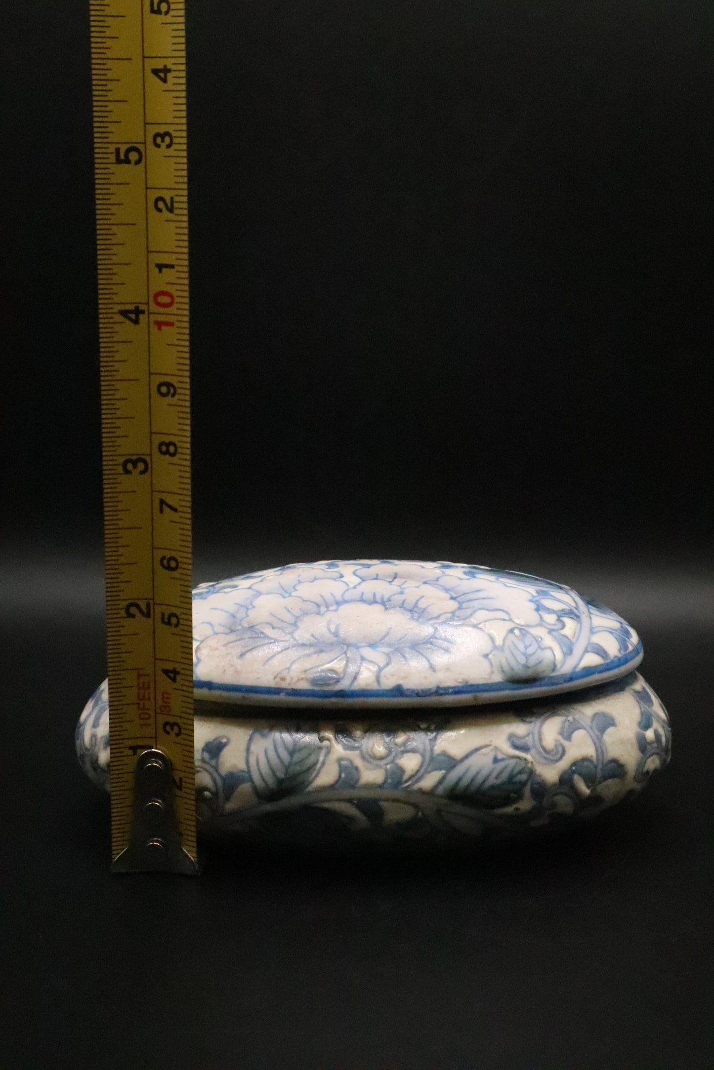 VINTAGE PORCELAIN CHINA HAND PAINTED BLUE AND WHITE FLORAL TRINKET BOX