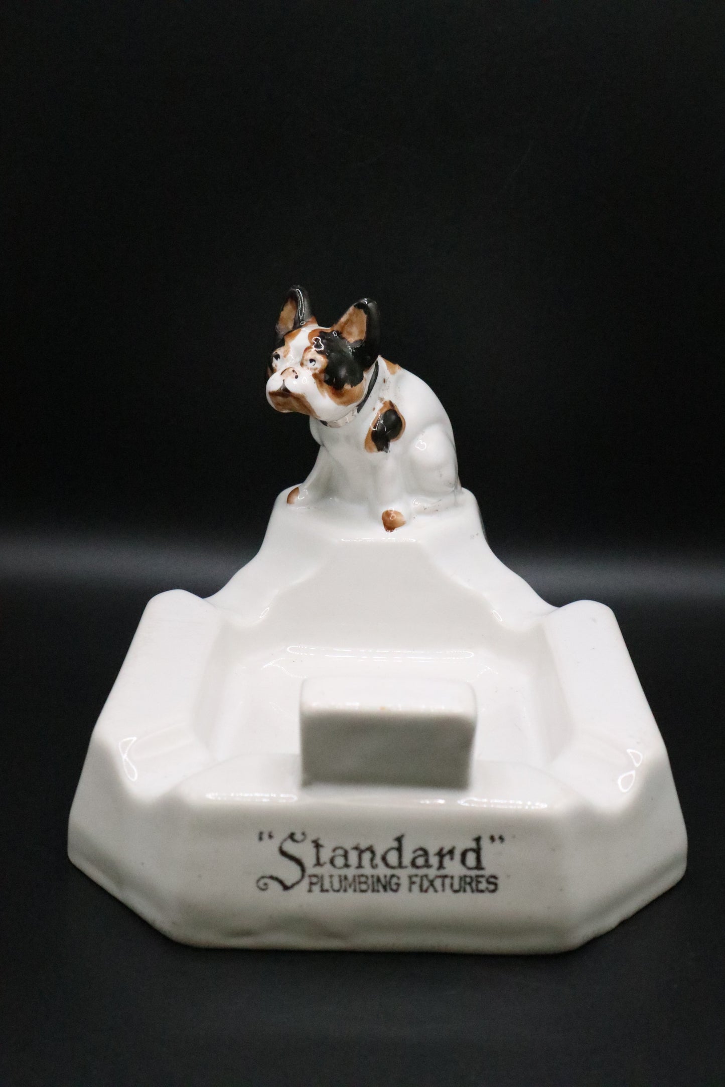 VINTAGE 20'S-30'S AMERICAN STANDARD PLUMBING FIXTURES PORCELAIN ASHTRAY PAINTED BULLDOG