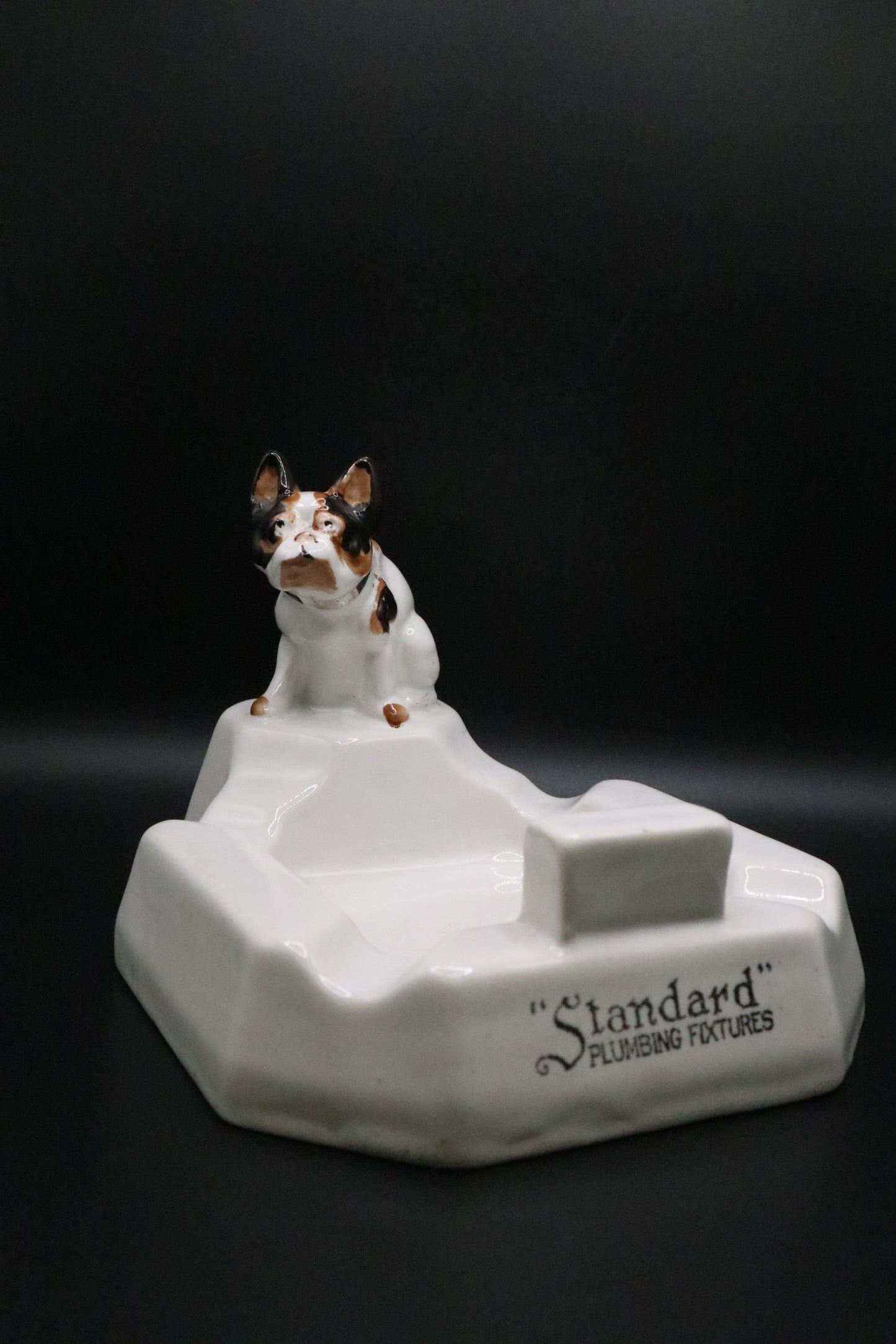 VINTAGE 20'S-30'S AMERICAN STANDARD PLUMBING FIXTURES PORCELAIN ASHTRAY PAINTED BULLDOG