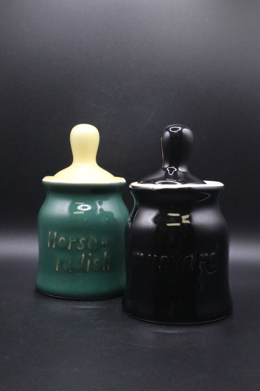 VINTAGE HALL HORSERADISH AND MUSTARD JARS SET OF 2