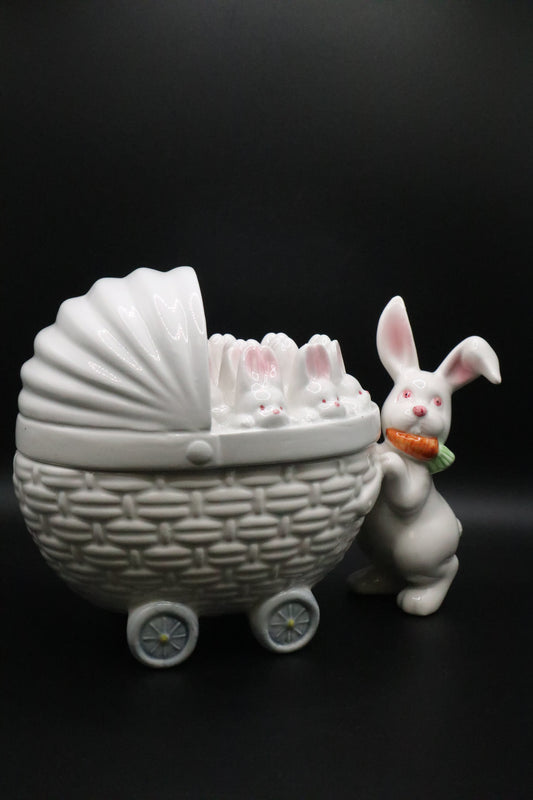 VINTAGE FITZ AND FLOYD BUNNY BABY CERAMIC CARRIAGE