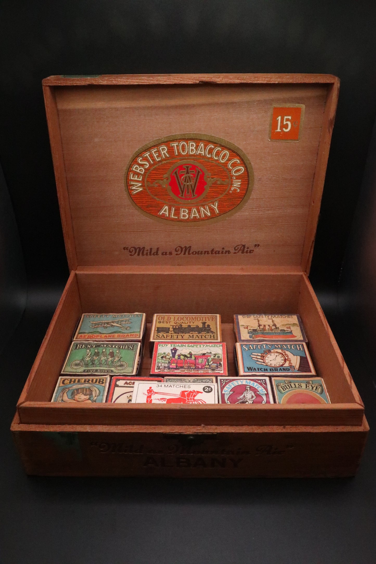 VINTAGE WEBSTER TOBACCO CO. CIGAR BOX WITH SAFETY MATCH BOXES (SET OF 12)