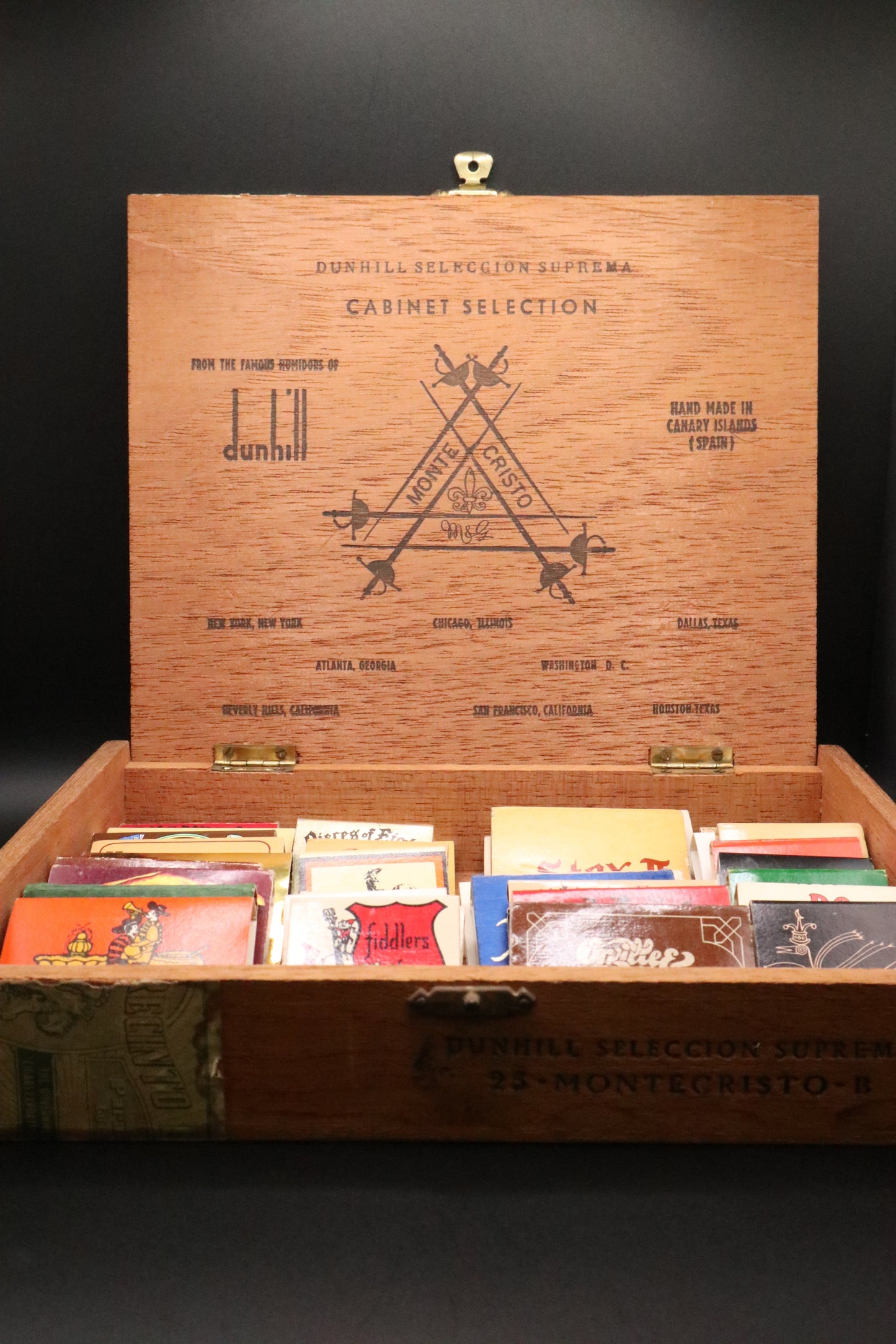VINTAGE MONTE CRISTO CIGAR BOX WITH ASST RESTAURANT MATCH BOOKS (LOT OF 40)