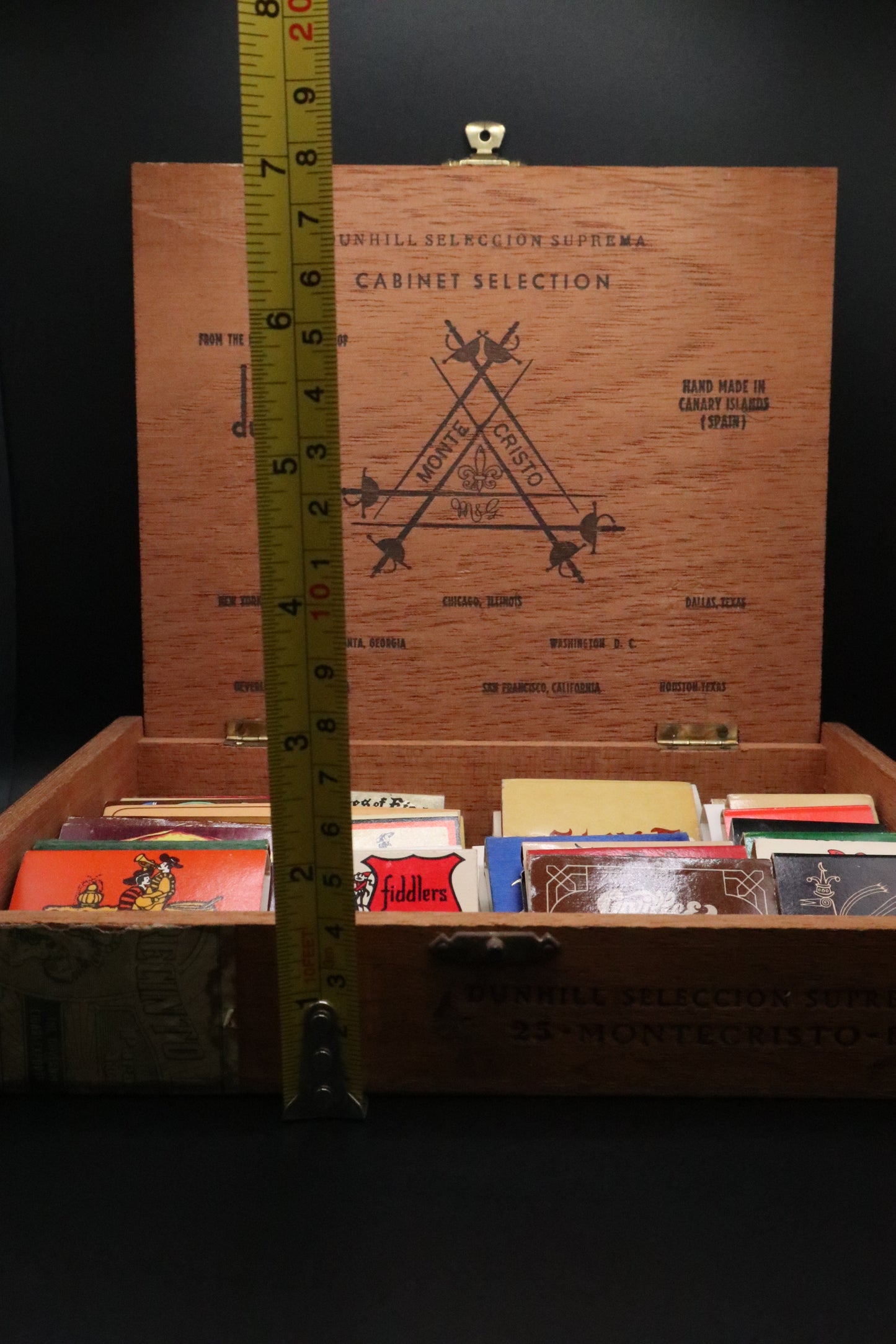 VINTAGE MONTE CRISTO CIGAR BOX WITH ASST RESTAURANT MATCH BOOKS (LOT OF 40)