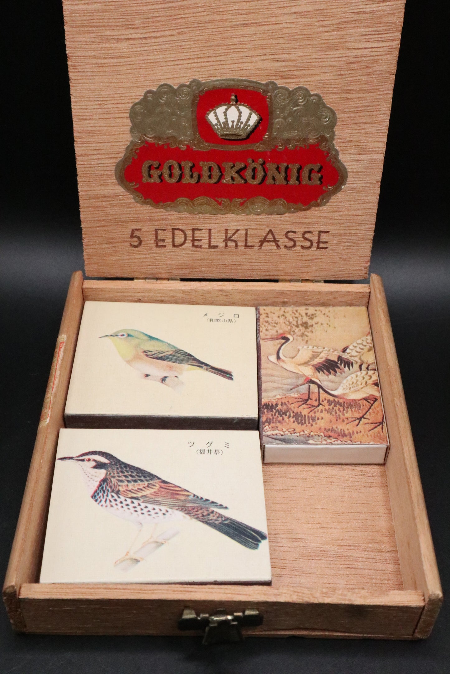 VINTAGE GOLDKONIG WOOD BOX WITH (LOT OF 3) JAPANESE BIRD ART MATCH BOX