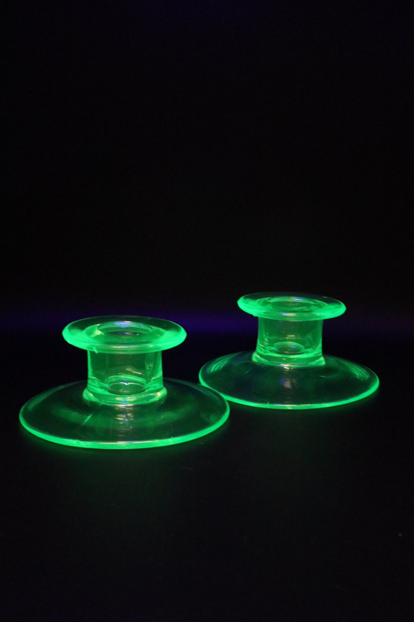 URANIUM GREEN GLASS CANDLE STICK HOLDERS PAIR OF 2 (AS IS)