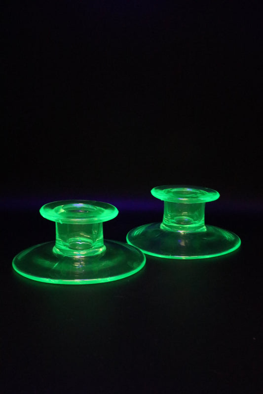 URANIUM GREEN GLASS CANDLE STICK HOLDERS PAIR OF 2 (AS IS)