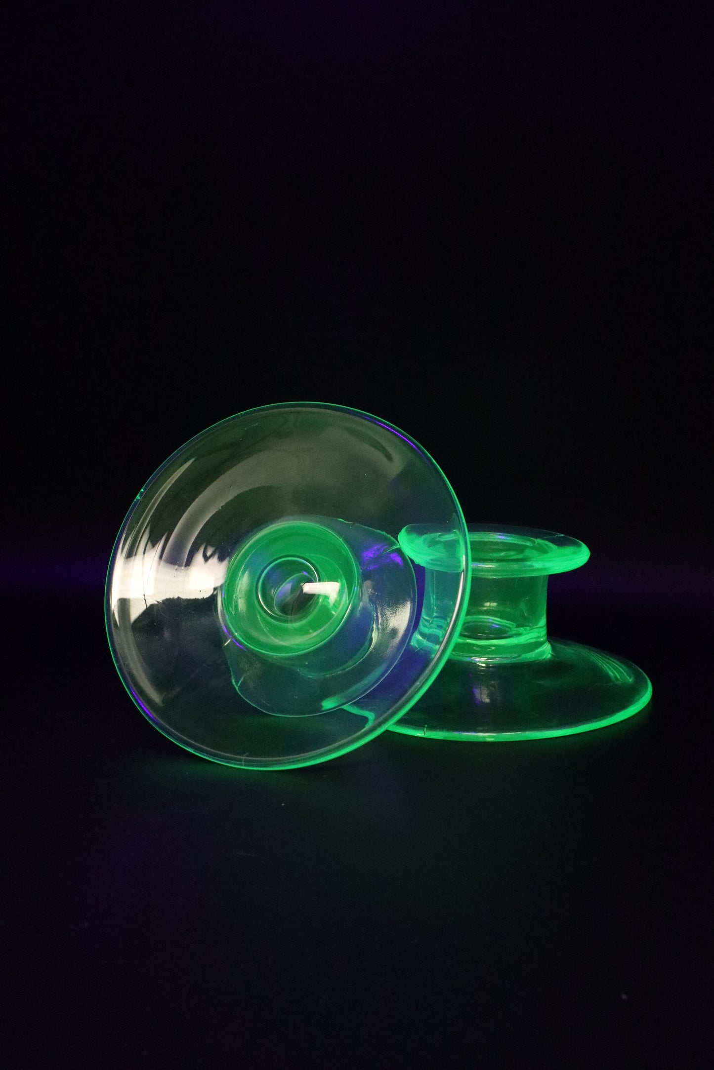 URANIUM GREEN GLASS CANDLE STICK HOLDERS PAIR OF 2 (AS IS)