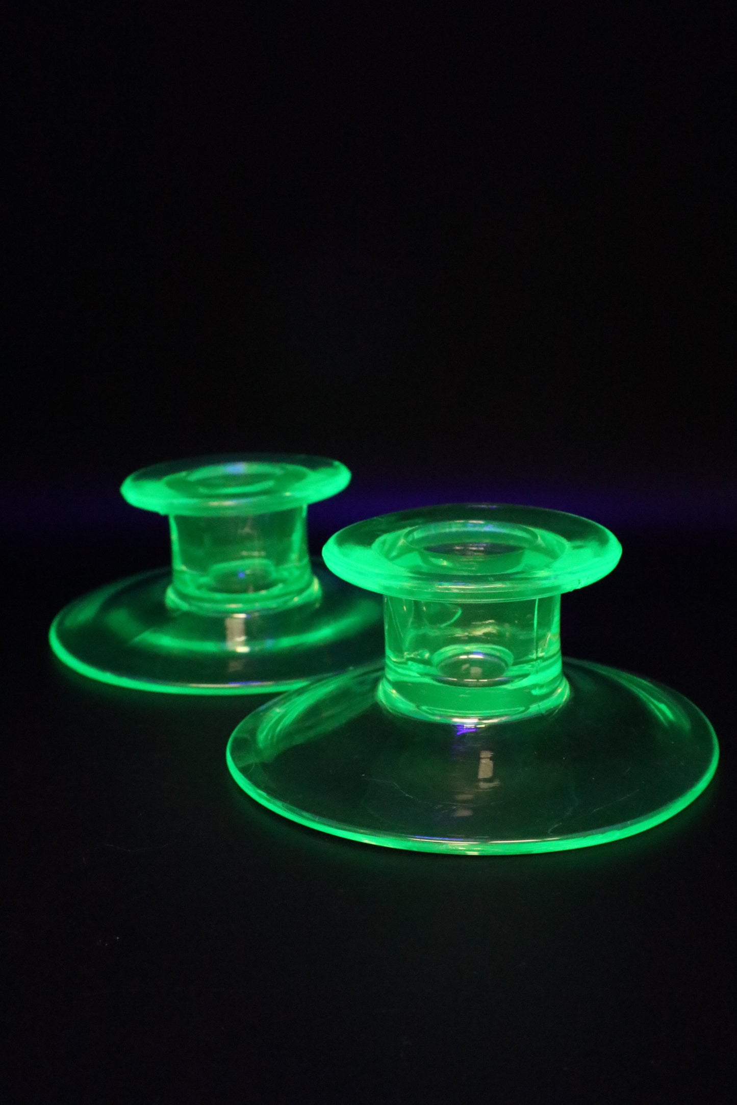 URANIUM GREEN GLASS CANDLE STICK HOLDERS PAIR OF 2 (AS IS)