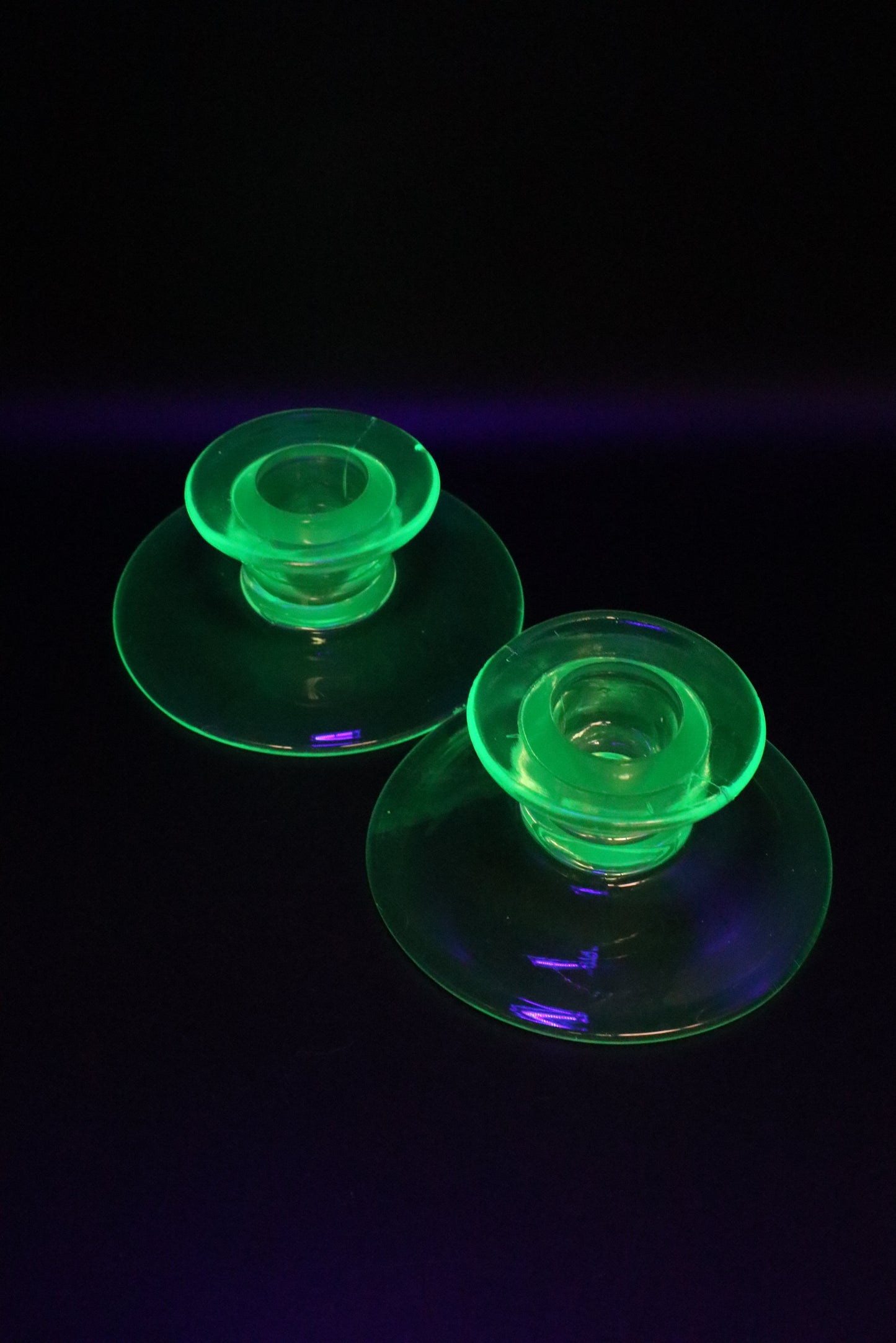 URANIUM GREEN GLASS CANDLE STICK HOLDERS PAIR OF 2 (AS IS)