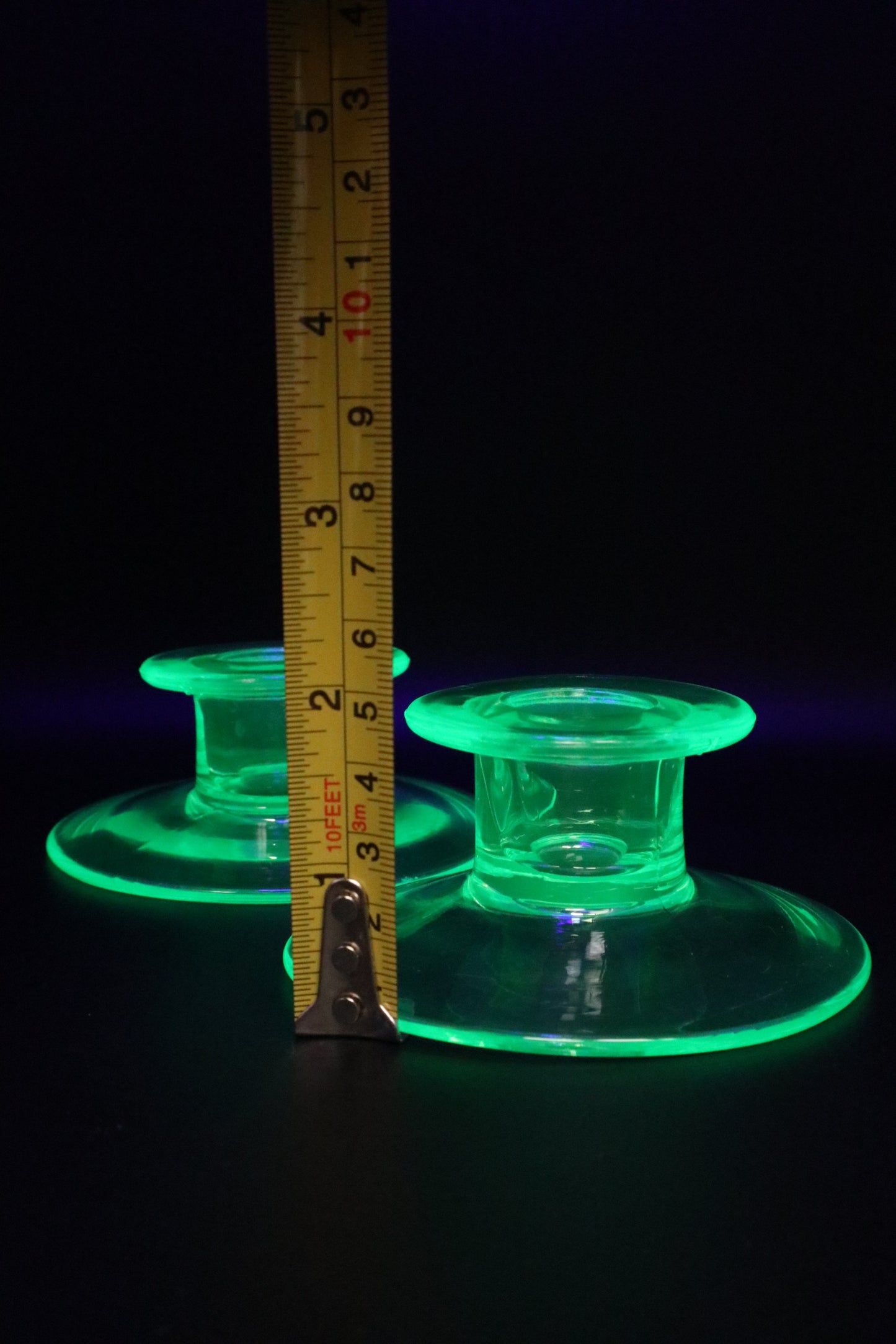 URANIUM GREEN GLASS CANDLE STICK HOLDERS PAIR OF 2 (AS IS)