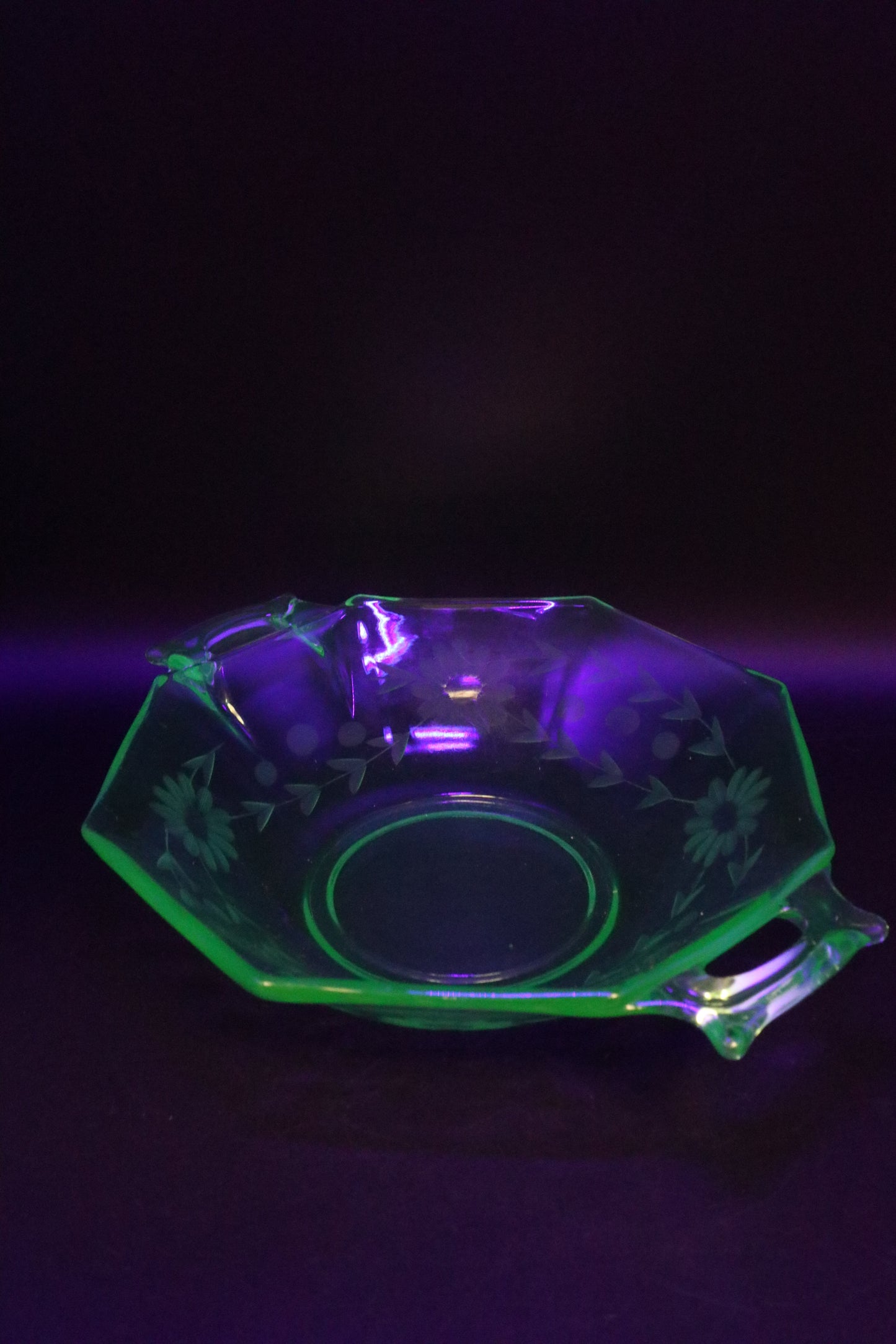 VINTAGE URANIUM GLASS ETCHED BOWLS WITH HANDLES PAIR