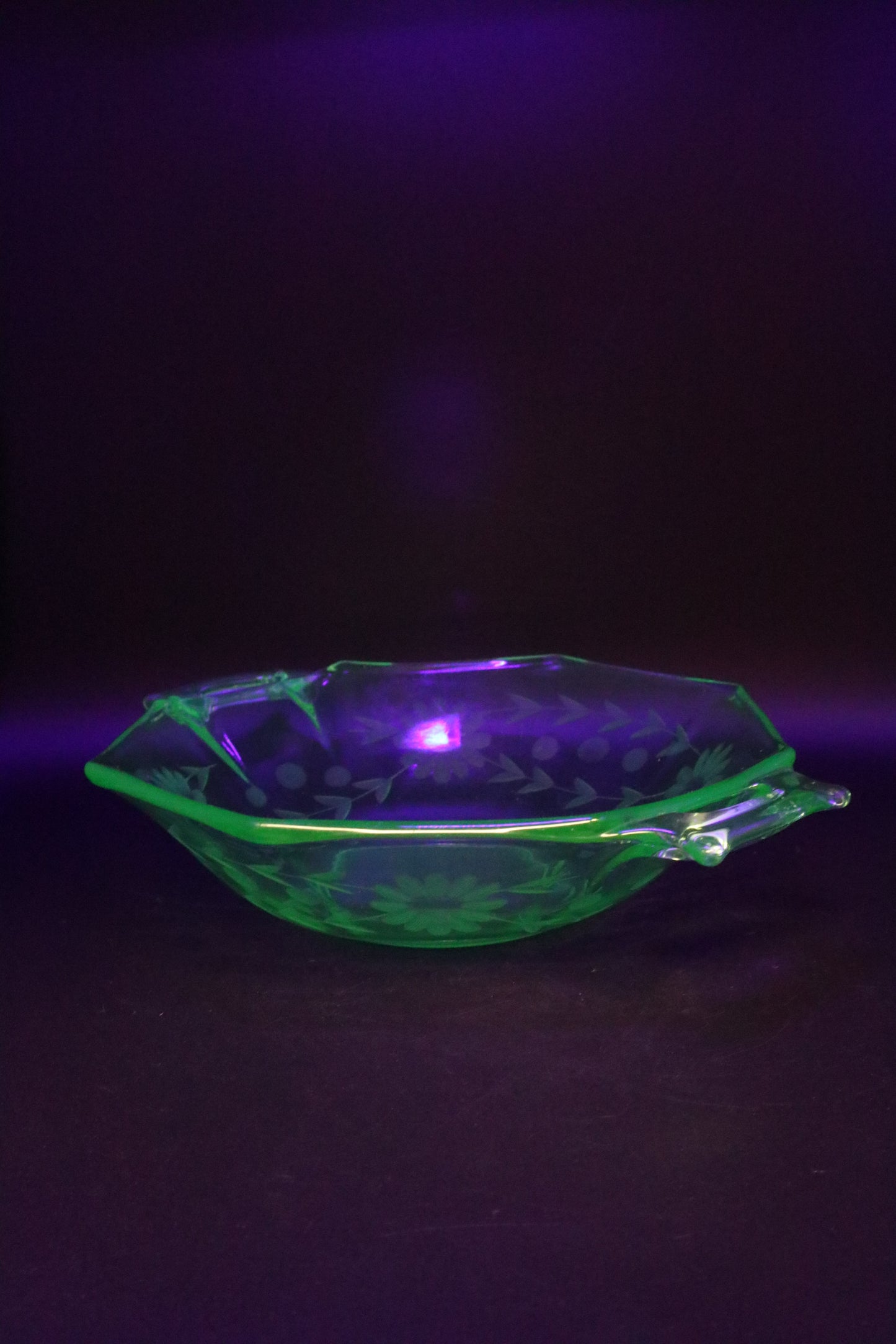 VINTAGE URANIUM GLASS ETCHED BOWLS WITH HANDLES PAIR