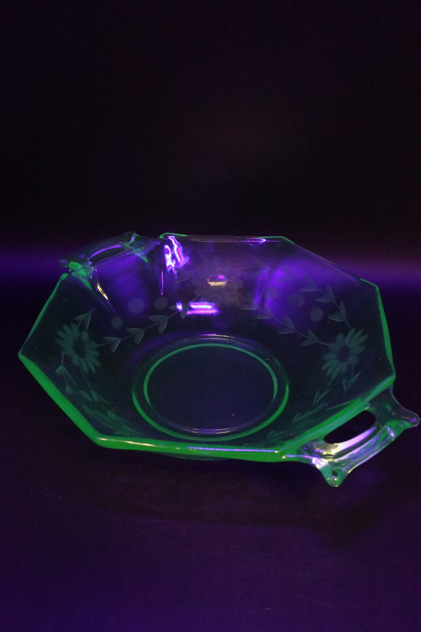 VINTAGE URANIUM GLASS ETCHED BOWLS WITH HANDLES PAIR