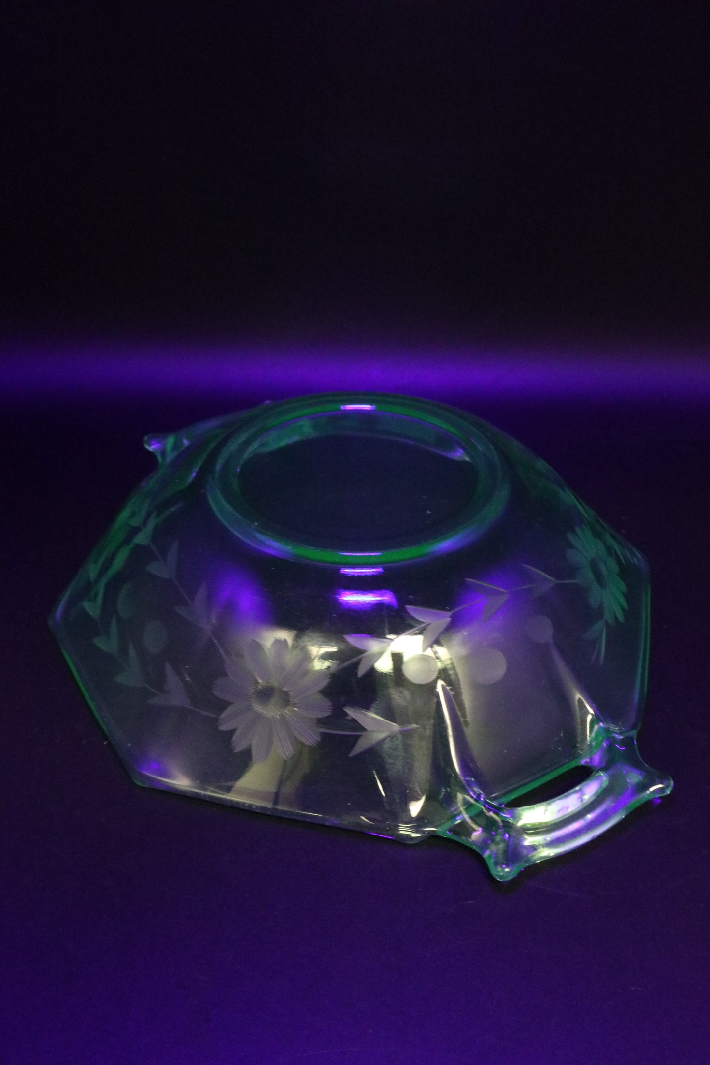 VINTAGE URANIUM GLASS ETCHED BOWLS WITH HANDLES PAIR