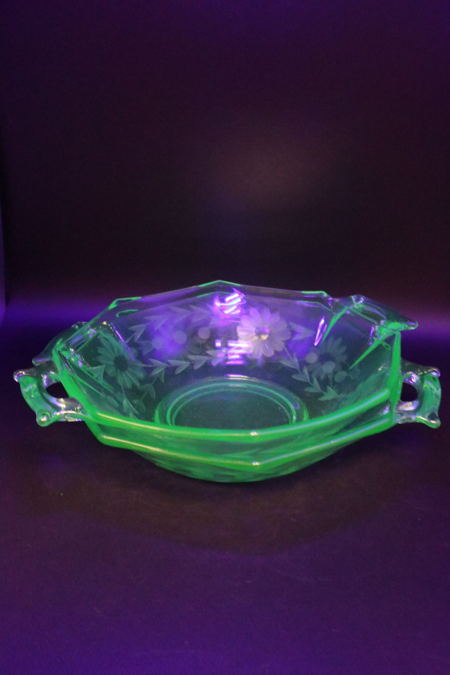 VINTAGE URANIUM GLASS ETCHED BOWLS WITH HANDLES PAIR