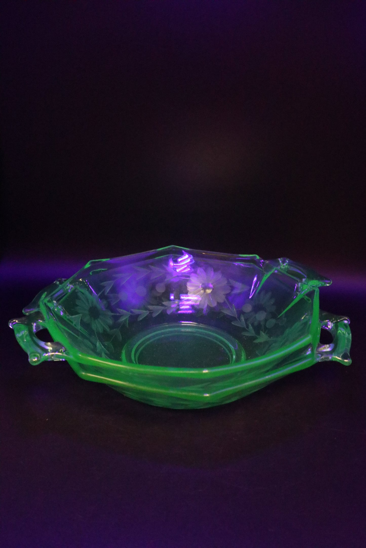 VINTAGE URANIUM GLASS ETCHED BOWLS WITH HANDLES PAIR