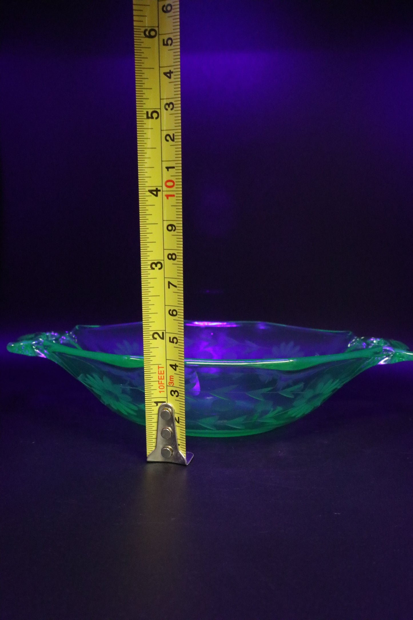 VINTAGE URANIUM GLASS ETCHED BOWLS WITH HANDLES PAIR