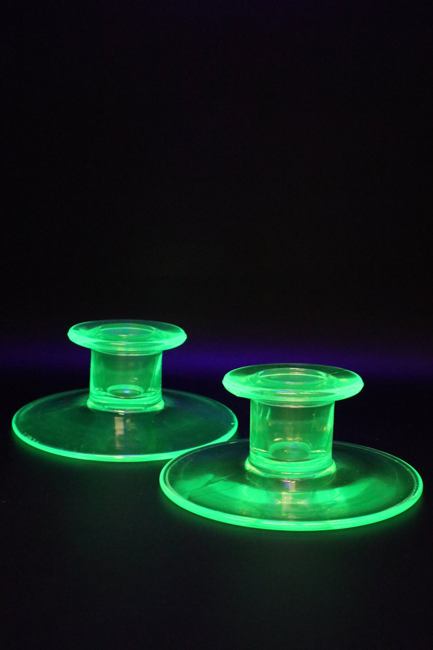 URANIUM GLASS GREEN CANDLE STICK HOLDERS PAIR OF 2