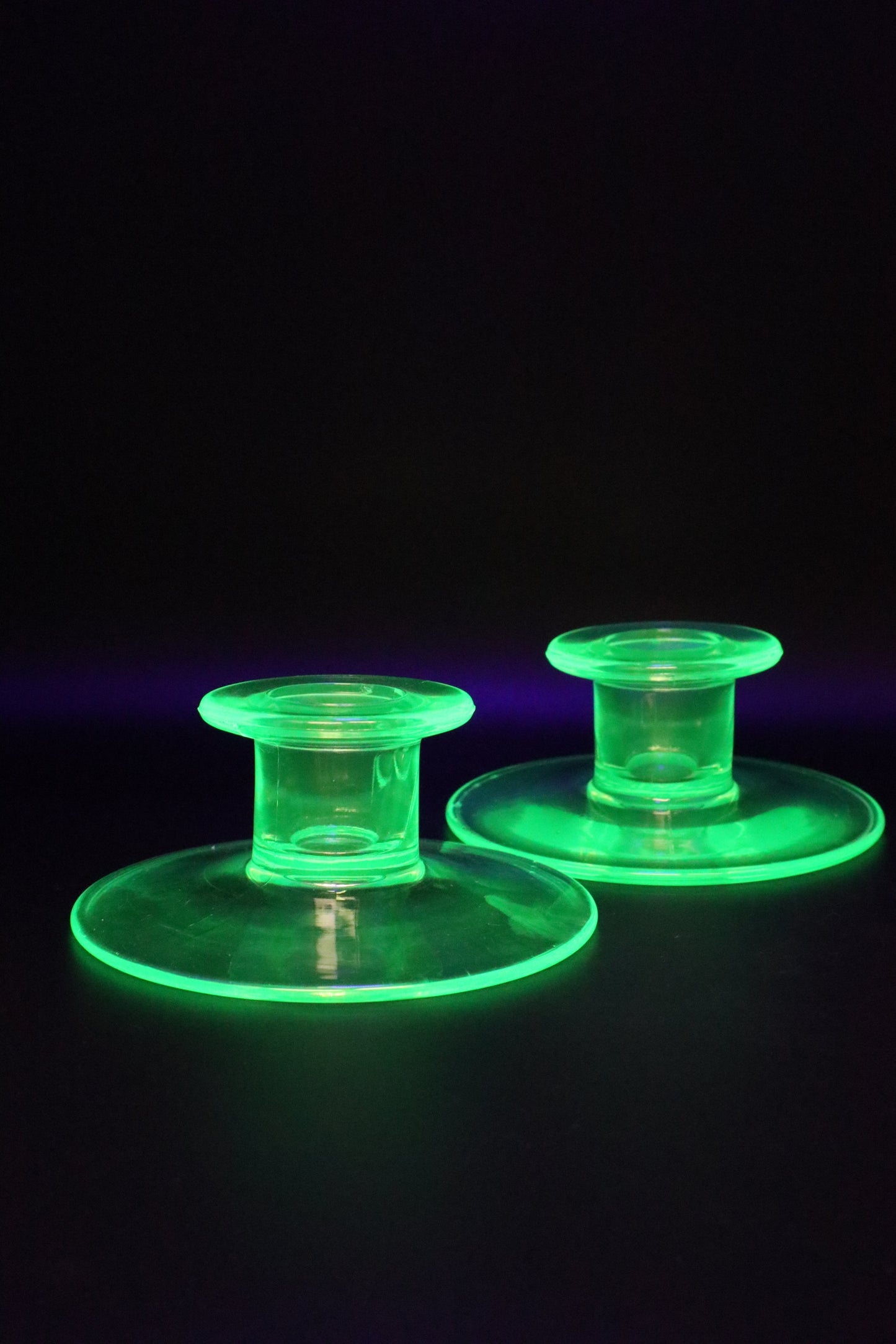 URANIUM GLASS GREEN CANDLE STICK HOLDERS PAIR OF 2