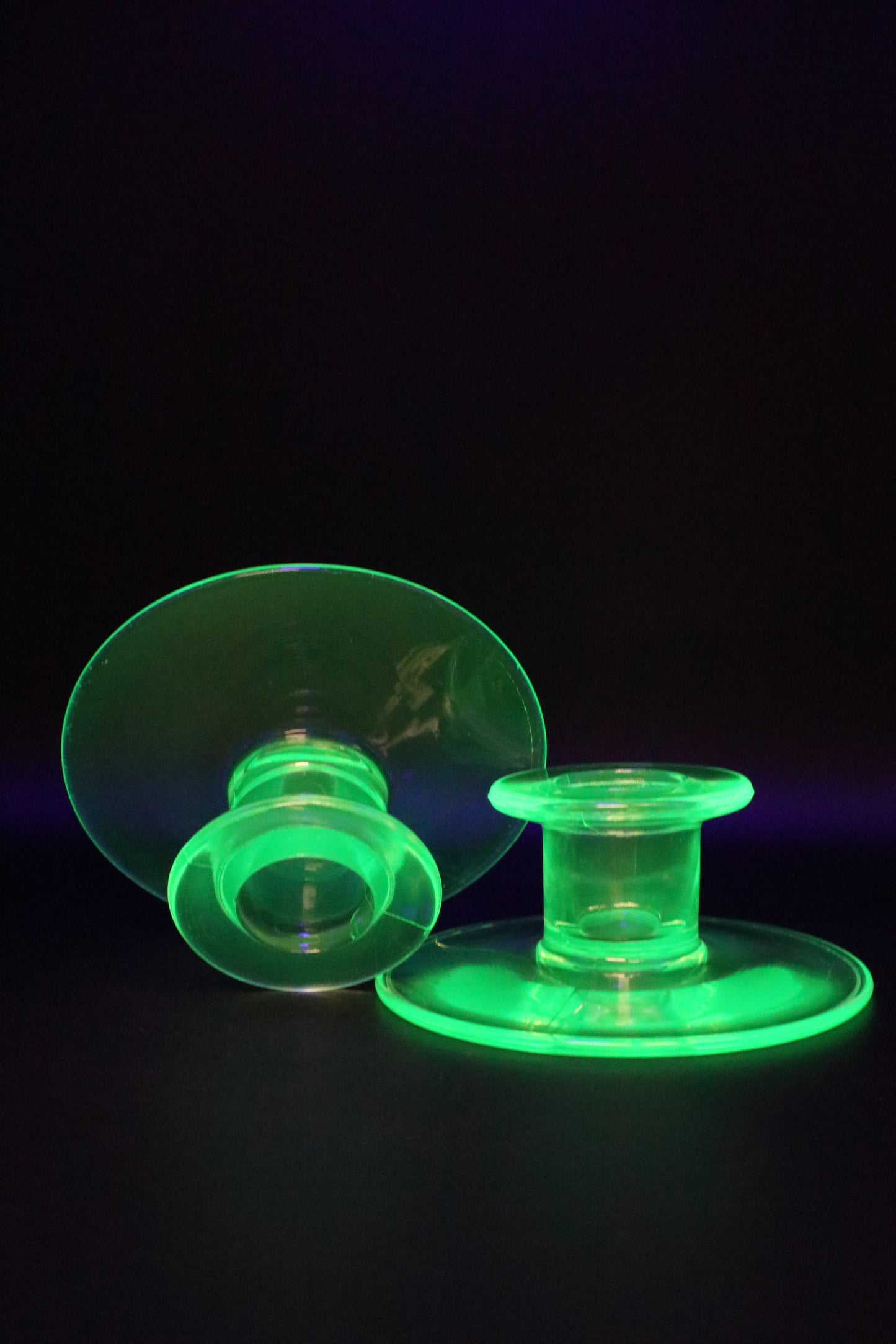 URANIUM GLASS GREEN CANDLE STICK HOLDERS PAIR OF 2