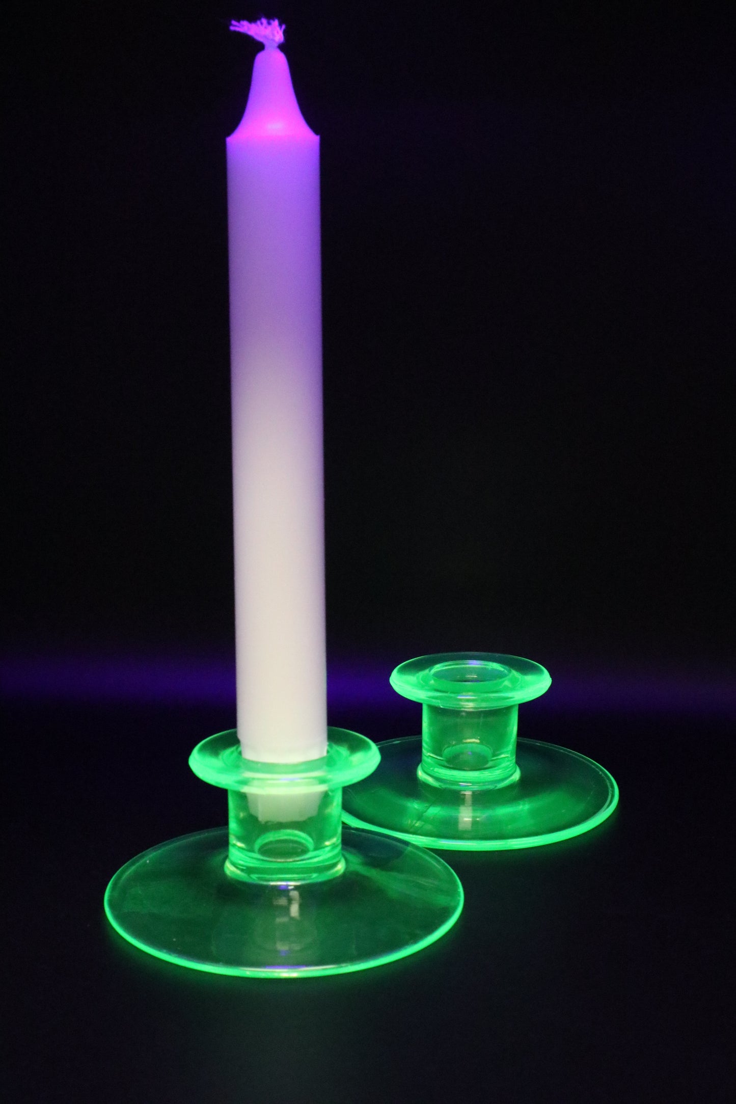 URANIUM GLASS GREEN CANDLE STICK HOLDERS PAIR OF 2