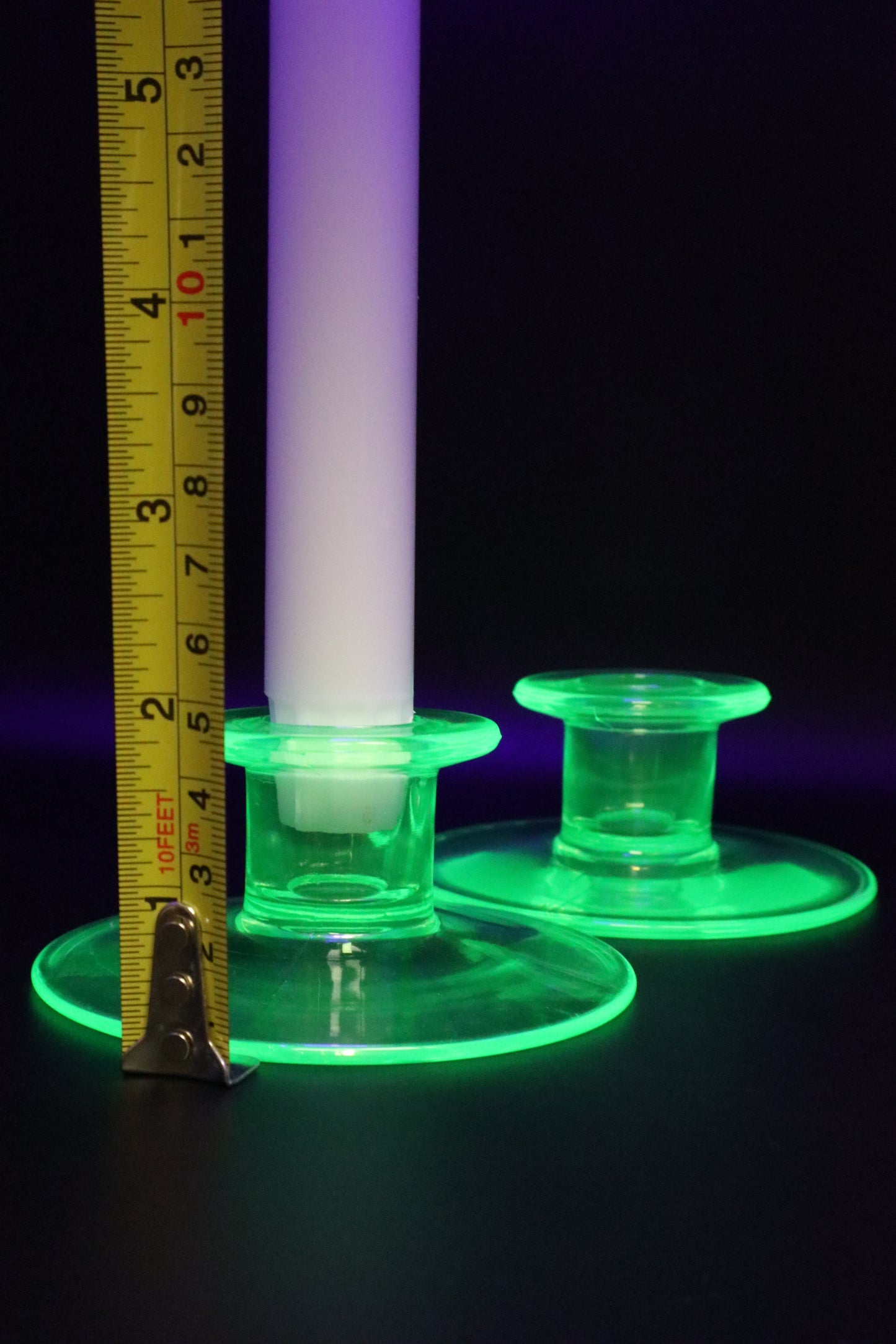 URANIUM GLASS GREEN CANDLE STICK HOLDERS PAIR OF 2