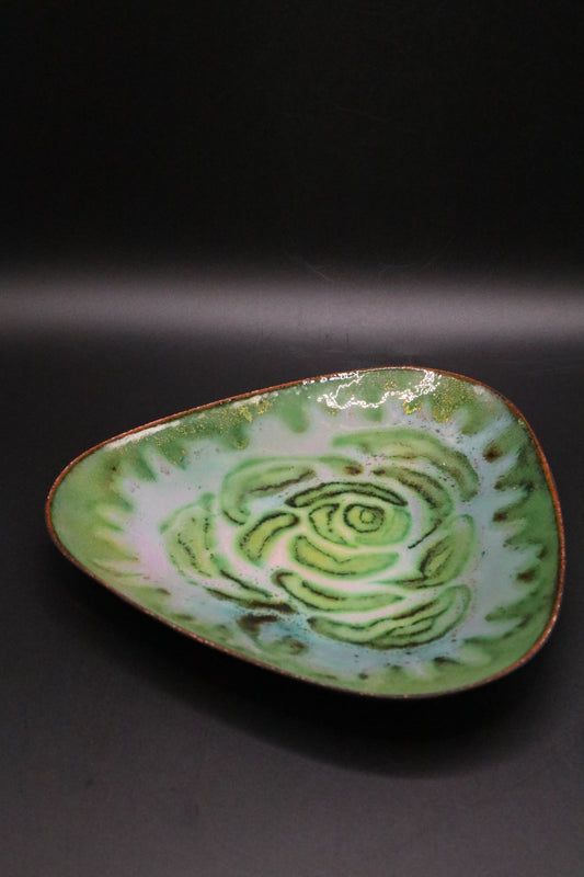 VINTAGE ENAMEL ON COPPER ROSE/GREEN TRIANGULAR SIGNED DISH