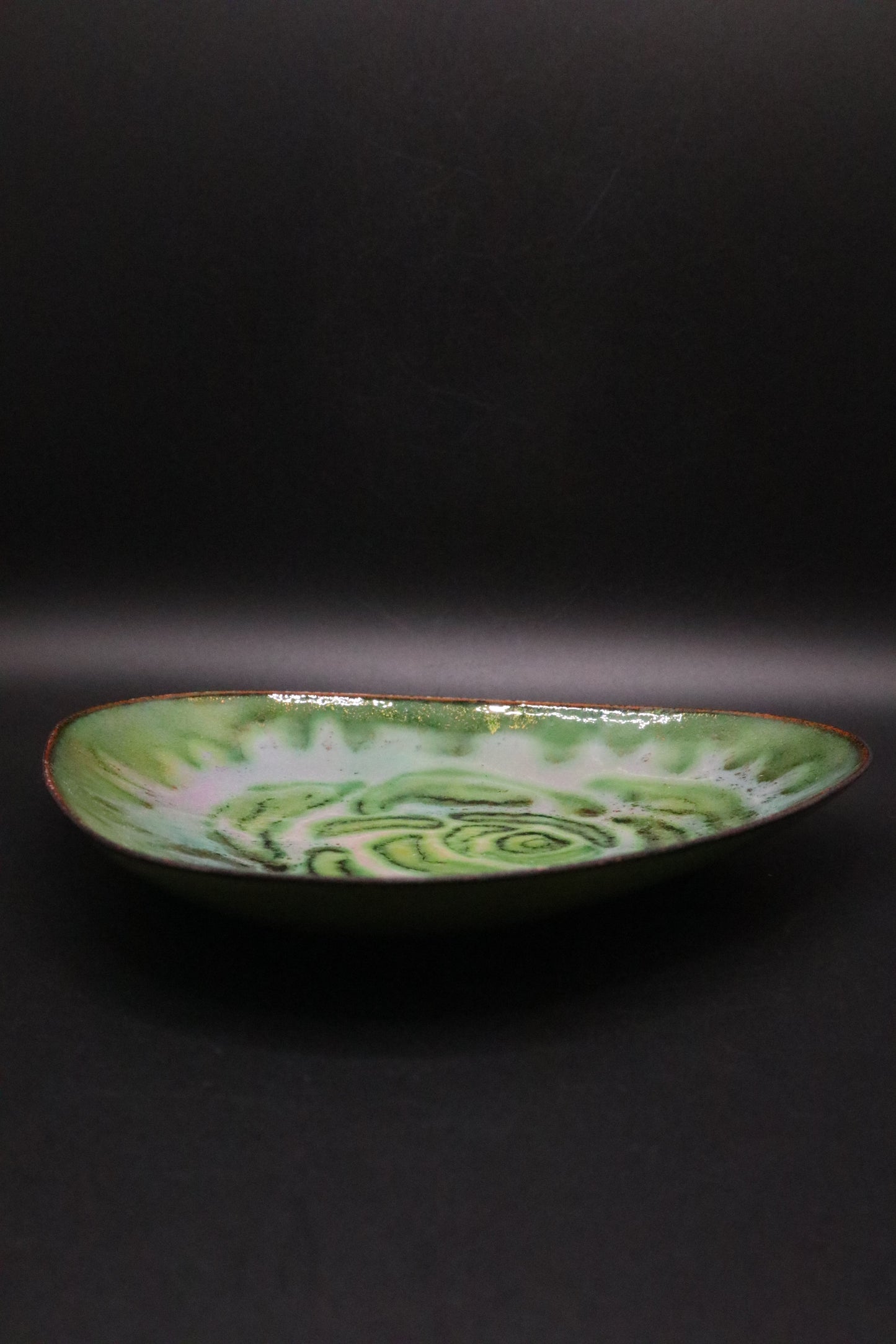 VINTAGE ENAMEL ON COPPER ROSE/GREEN TRIANGULAR SIGNED DISH