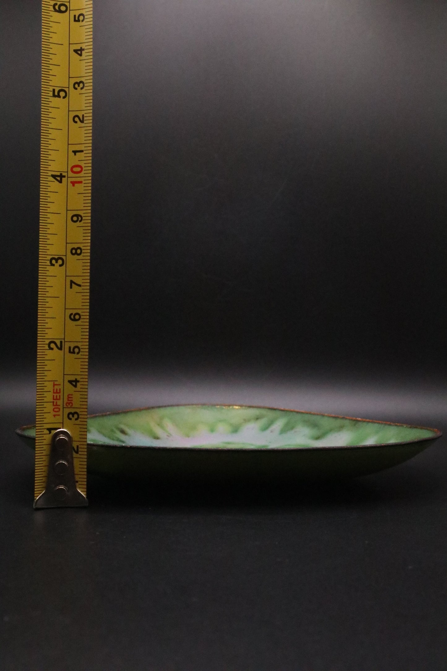 VINTAGE ENAMEL ON COPPER ROSE/GREEN TRIANGULAR SIGNED DISH
