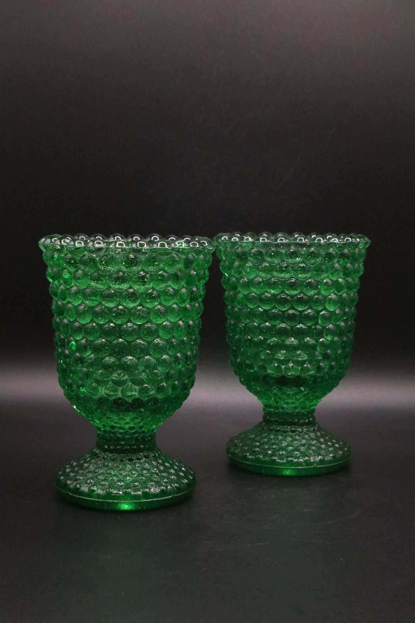 VINTAGE HOBNAIL GREEN GLASS PEDESTAL VOTIVE CANDLE HOLDER SET OF 2