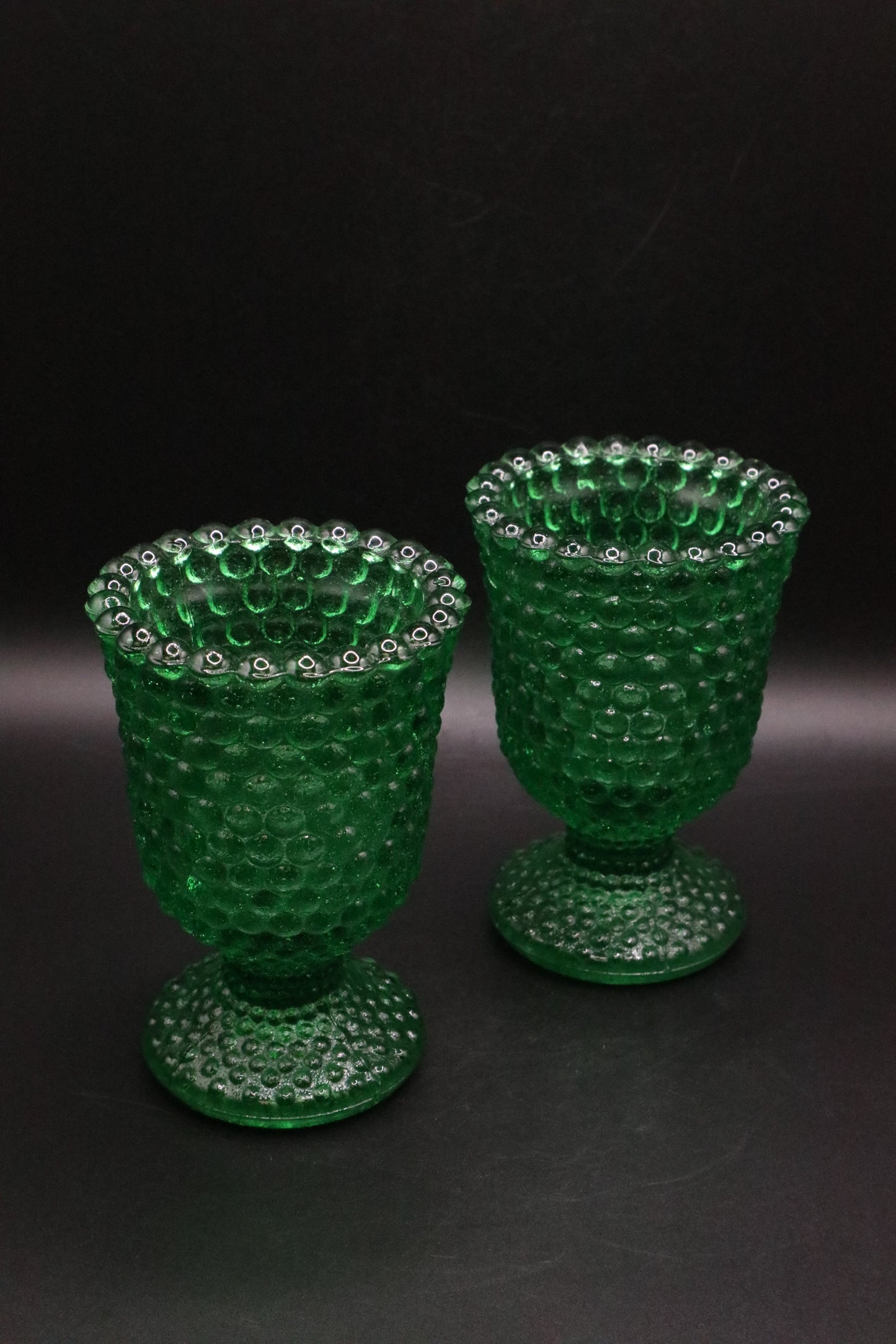 VINTAGE HOBNAIL GREEN GLASS PEDESTAL VOTIVE CANDLE HOLDER SET OF 2
